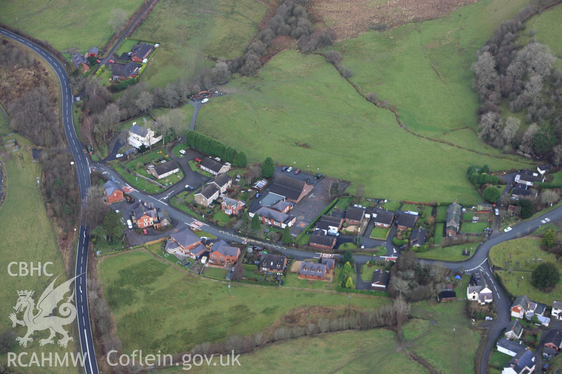 RCAHMW colour oblique aerial photograph of Llanbister. Taken on 10 December 2009 by Toby Driver
