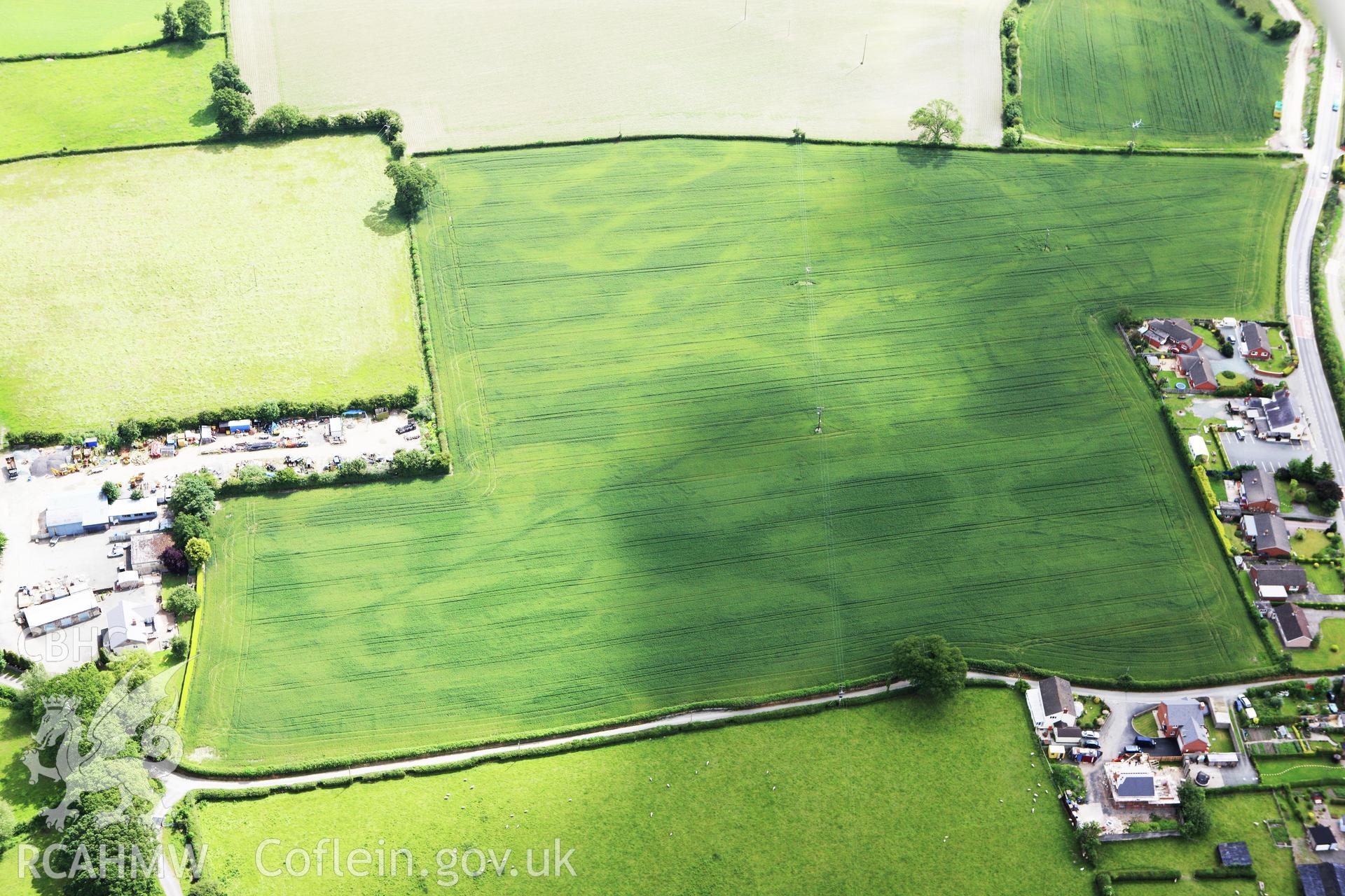 RCAHMW colour oblique photograph of Defended enclosure, Llandrinio. Taken by Toby Driver on 19/06/2009.