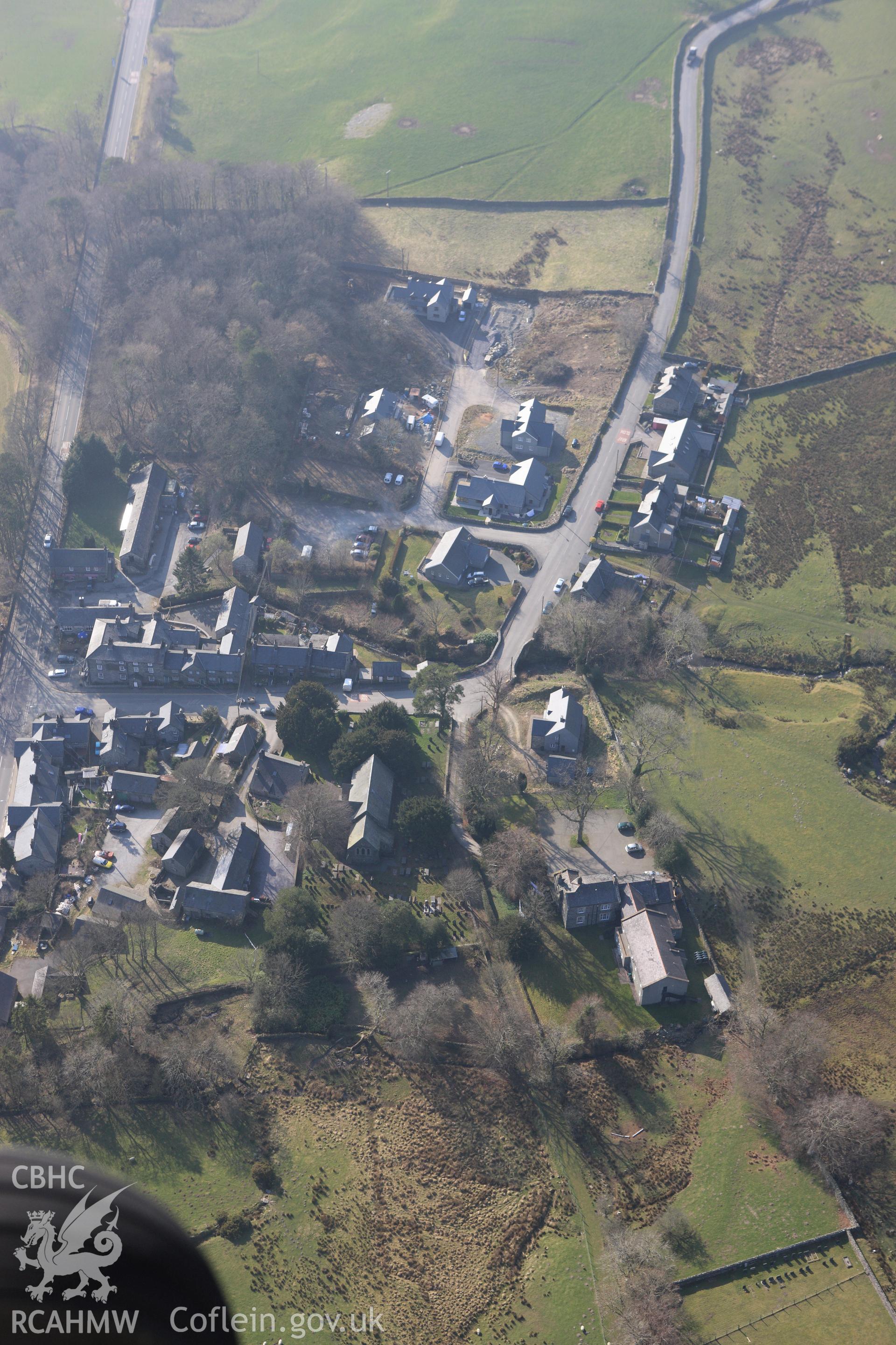 RCAHMW colour oblique photograph of Pentrefoelas, village. Taken by Toby Driver on 18/03/2009.