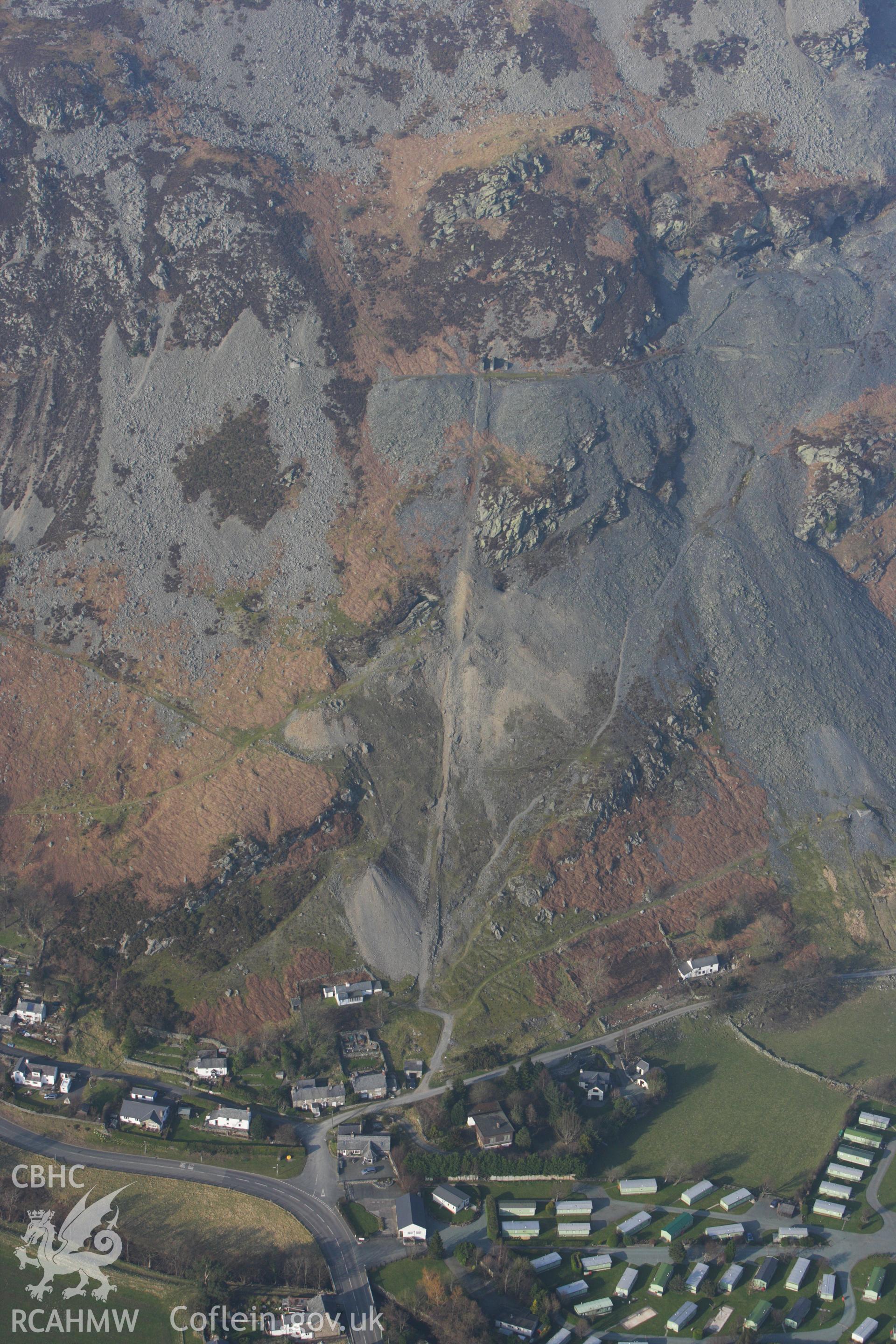 RCAHMW colour oblique photograph of Llangynog, with  Craig Rhiwarth Slate quarry incline. Taken by Toby Driver on 18/03/2009.