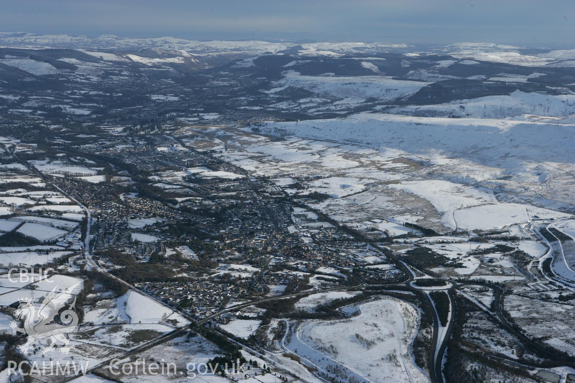 RCAHMW colour oblique photograph of Hirwaun town, looking east. Taken by Toby Driver on 06/02/2009.