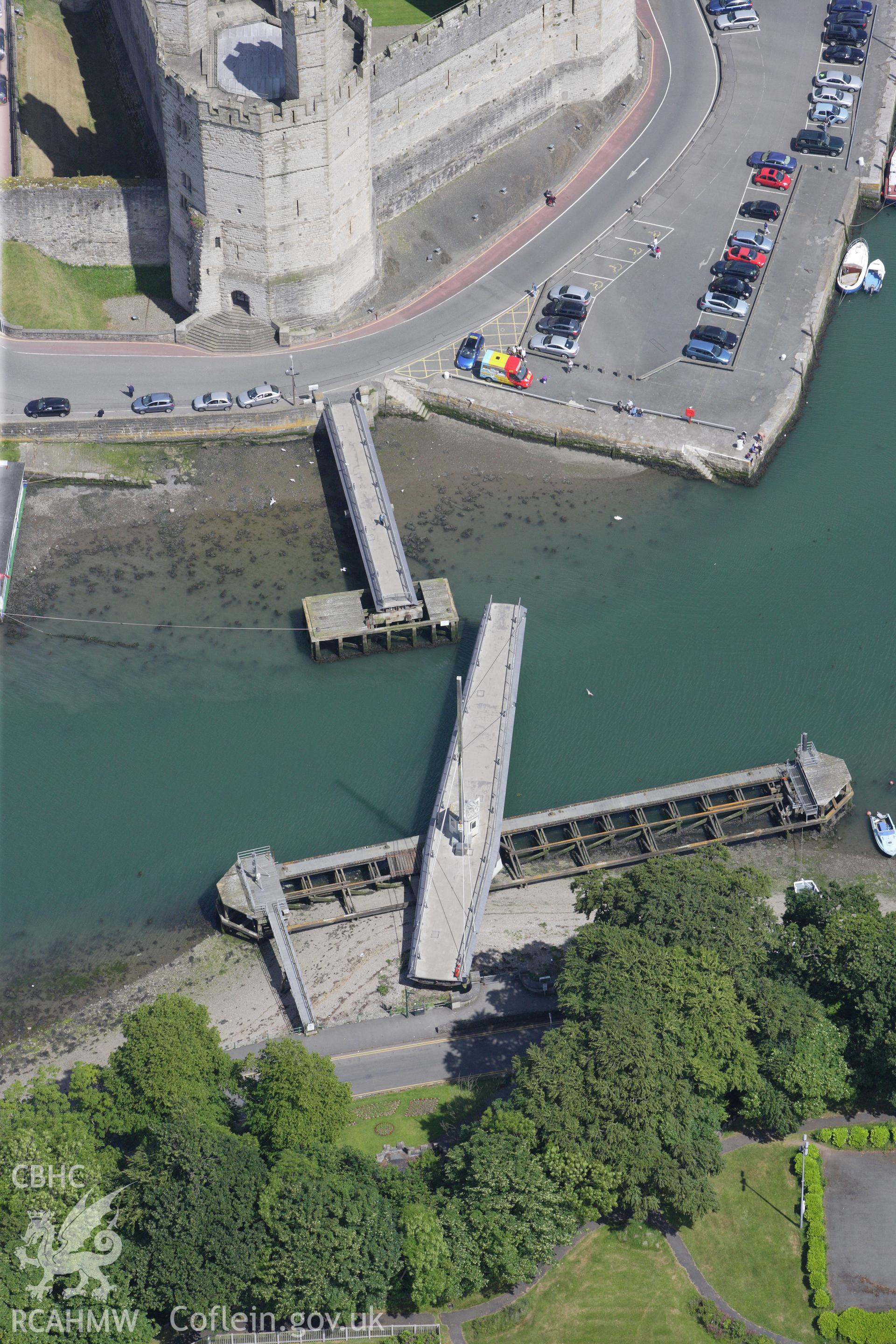 RCAHMW colour oblique aerial photograph of Caernarfon Swing Bridge. Taken on 16 June 2009 by Toby Driver