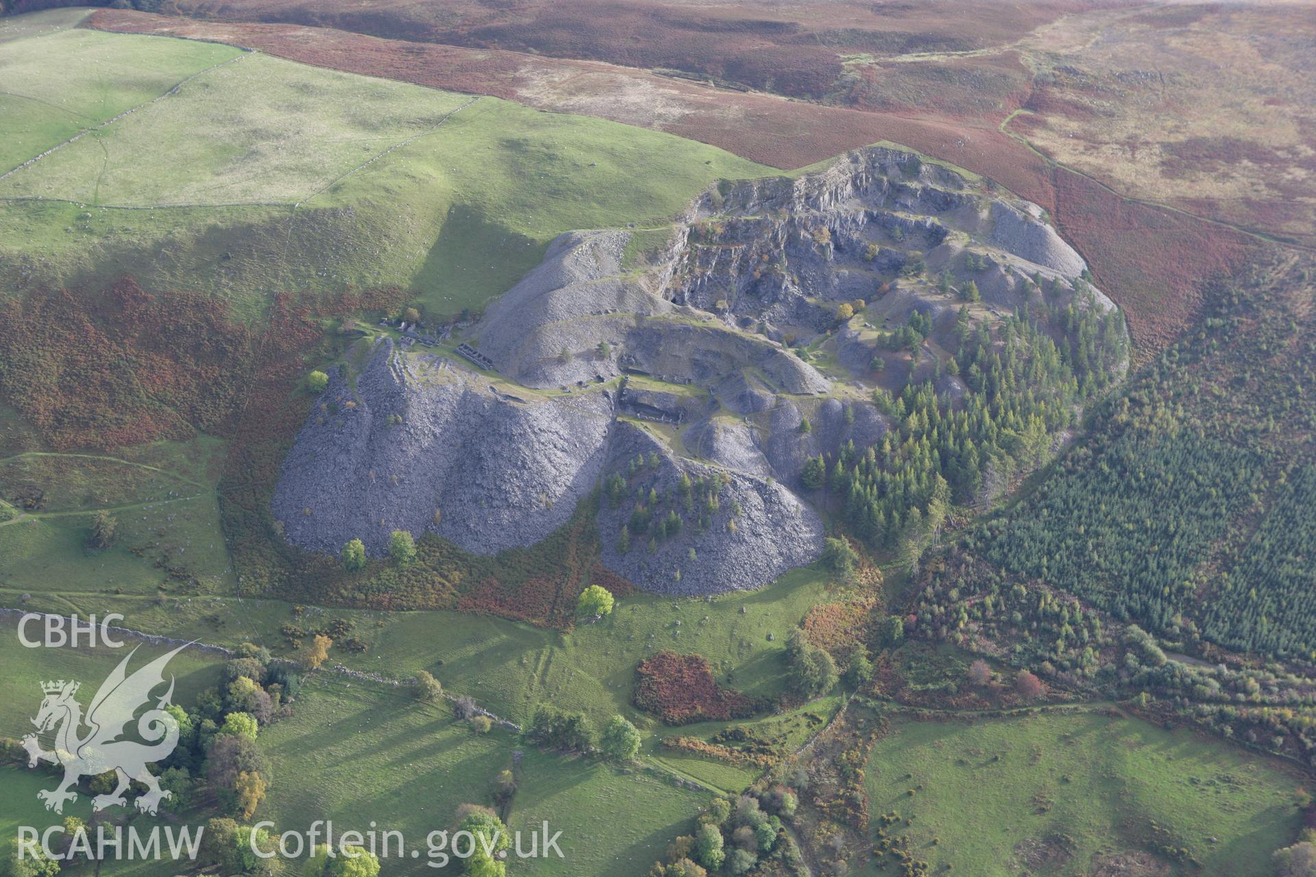 RCAHMW colour oblique aerial photograph of Penarth Slate Quarry, Corwen. Taken on 13 October 2009 by Toby Driver