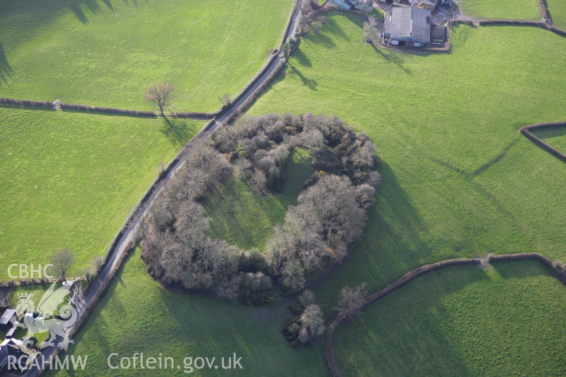 RCAHMW colour oblique aerial photograph of motte and bailey at Hen Domen, Montgomery. Taken on 10 December 2009 by Toby Driver
