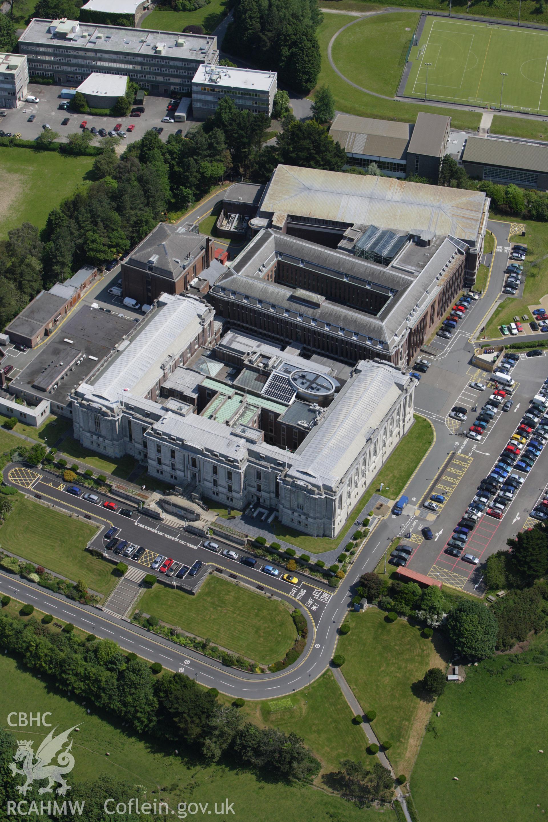 RCAHMW colour oblique aerial photograph of National Library of Wales, Aberystwyth. Taken on 02 June 2009 by Toby Driver