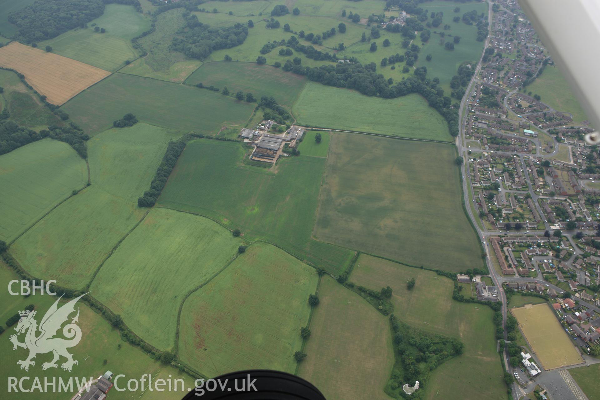 RCAHMW colour oblique aerial photograph of cropmarks northwest of Llwyn Knottia. Taken on 29 June 2009 by Toby Driver
