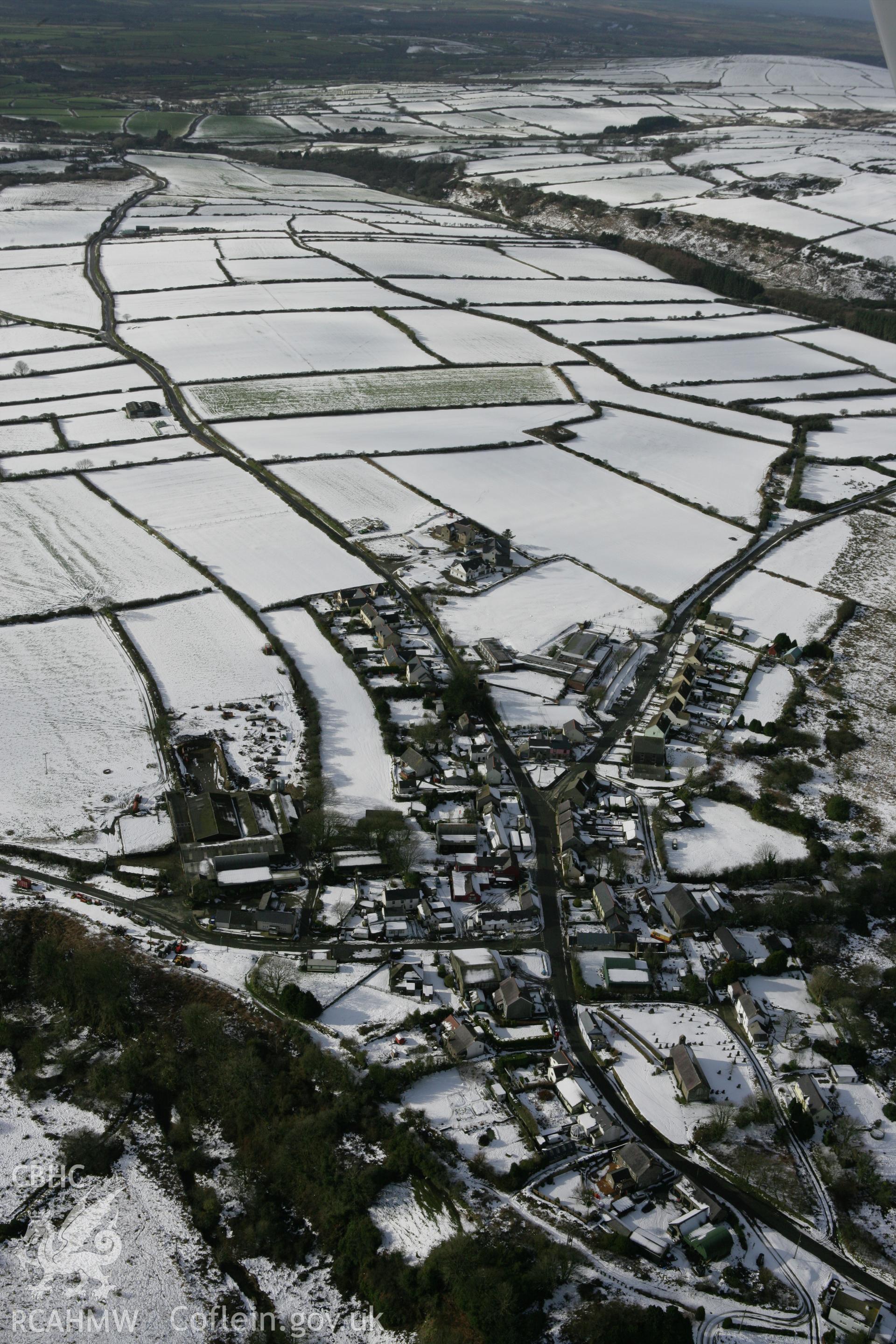 RCAHMW colour oblique photograph of Puncheston village, Pembrokeshire. Taken by Toby Driver on 06/02/2009.