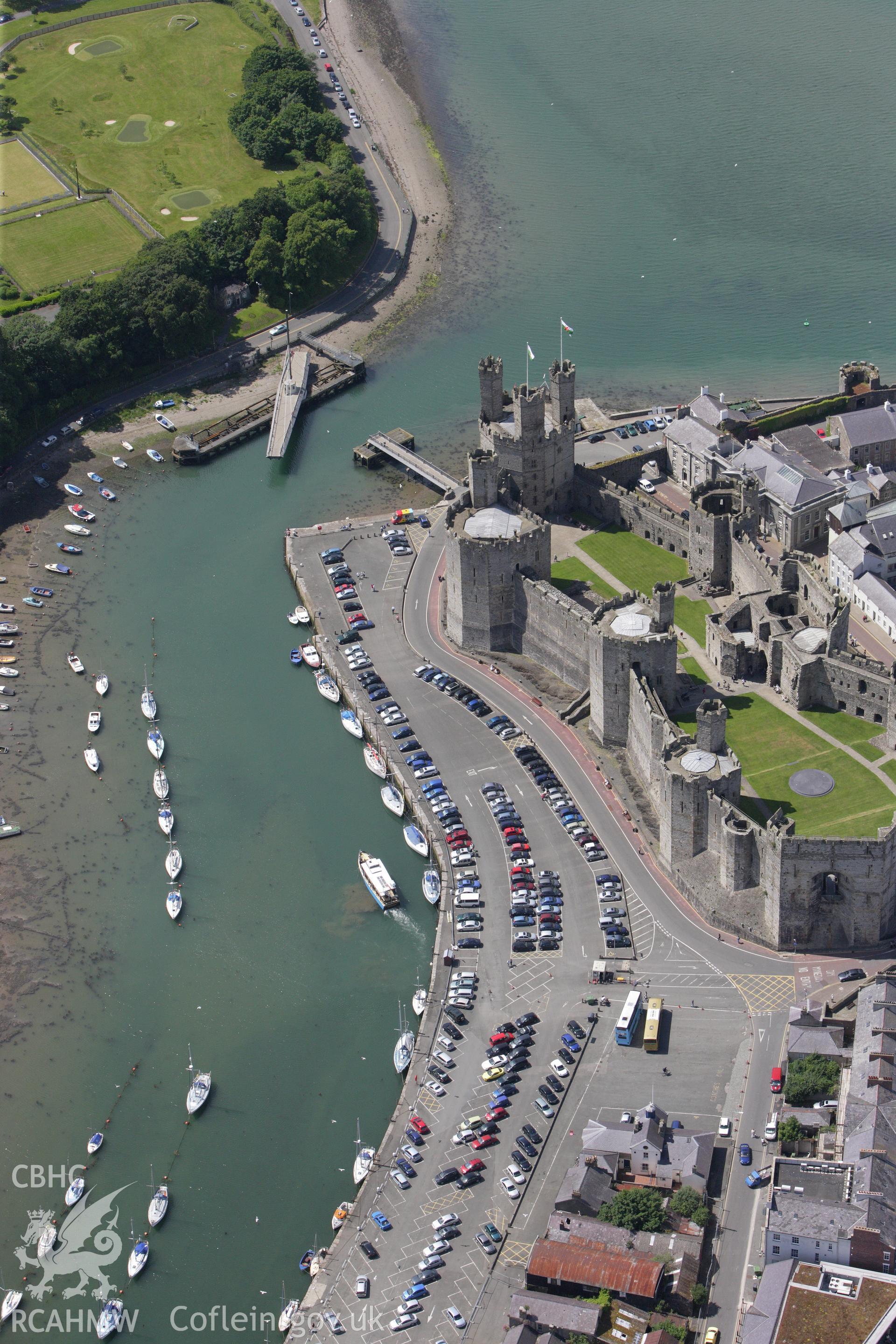 RCAHMW colour oblique aerial photograph of Caernarfon Swing Bridge. Taken on 16 June 2009 by Toby Driver