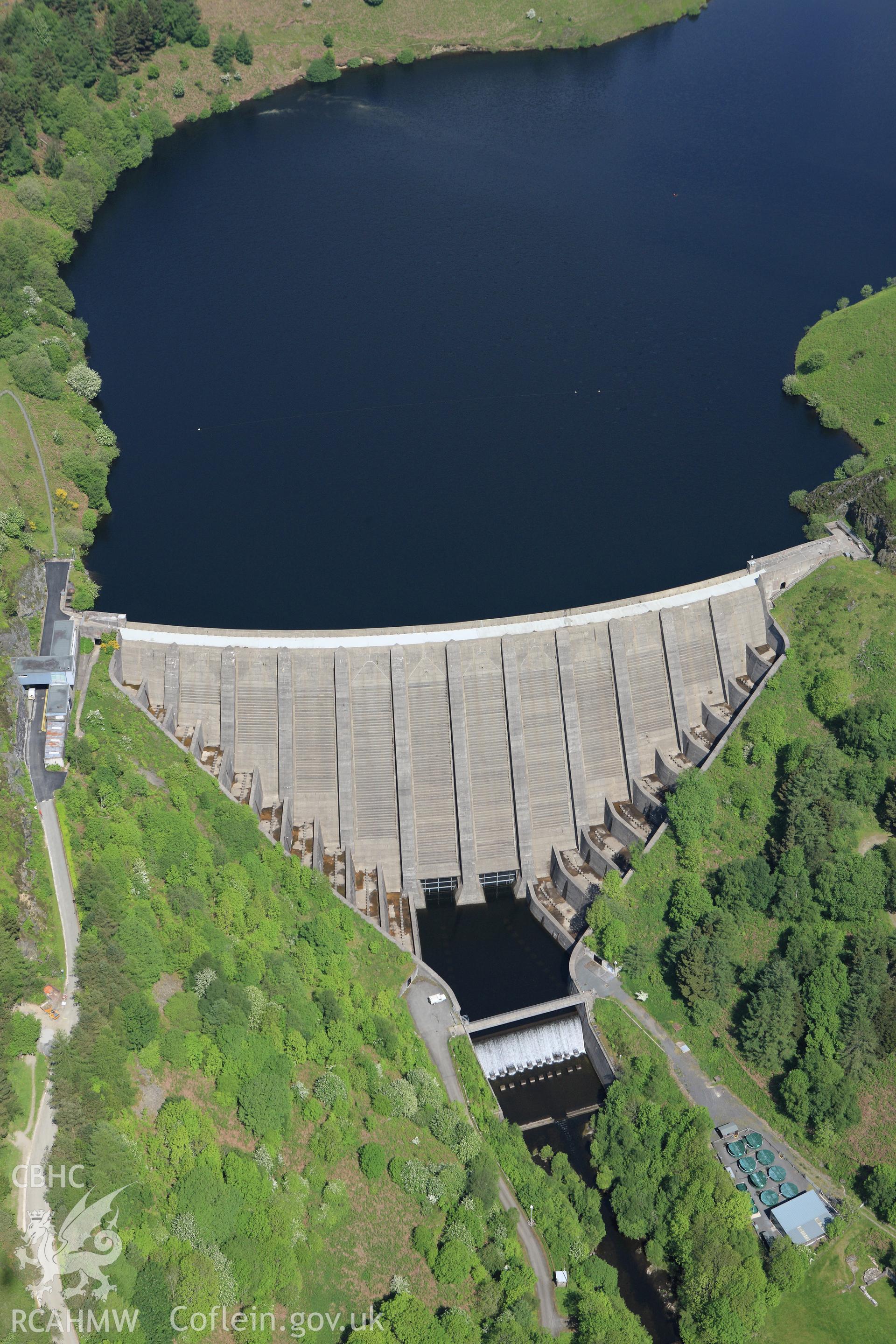 RCAHMW colour oblique aerial photograph of Bwlch-y-Gle Dam, Llyn Clywedog, Llanidloes. Taken on 02 June 2009 by Toby Driver