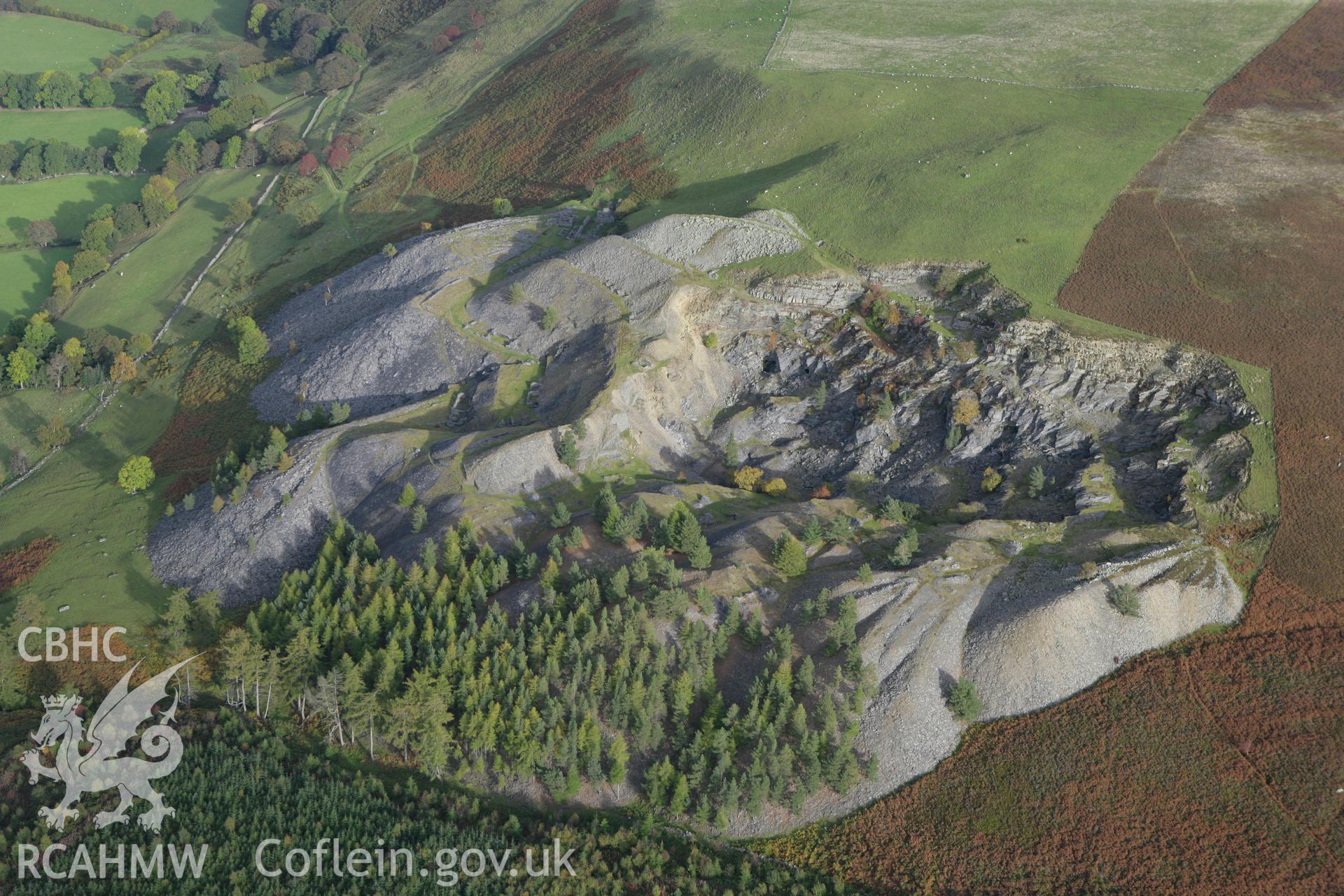 RCAHMW colour oblique aerial photograph of Penarth Slate Quarry, Corwen. Taken on 13 October 2009 by Toby Driver
