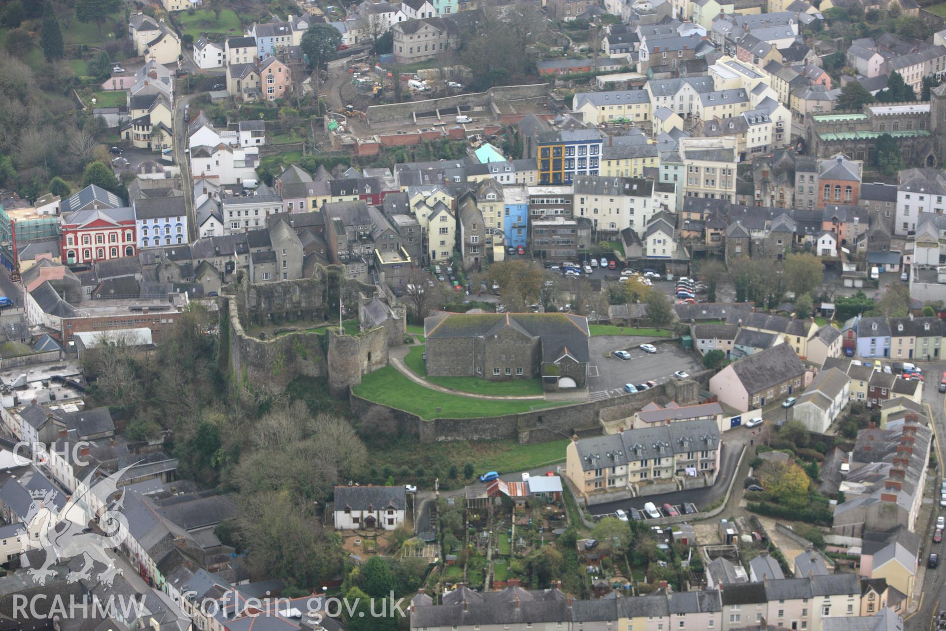 RCAHMW colour oblique aerial photograph of Haverfordwest Castle. Taken on 09 November 2009 by Toby Driver