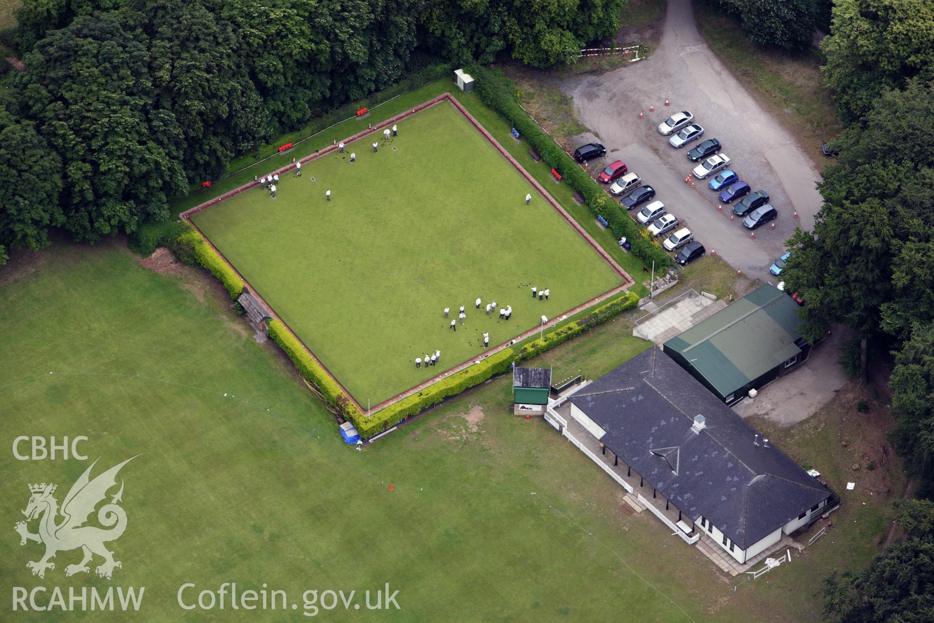 RCAHMW colour oblique aerial photograph of St Fagans Bowling Green with a bowls match in progress. Taken on 09 July 2009 by Toby Driver