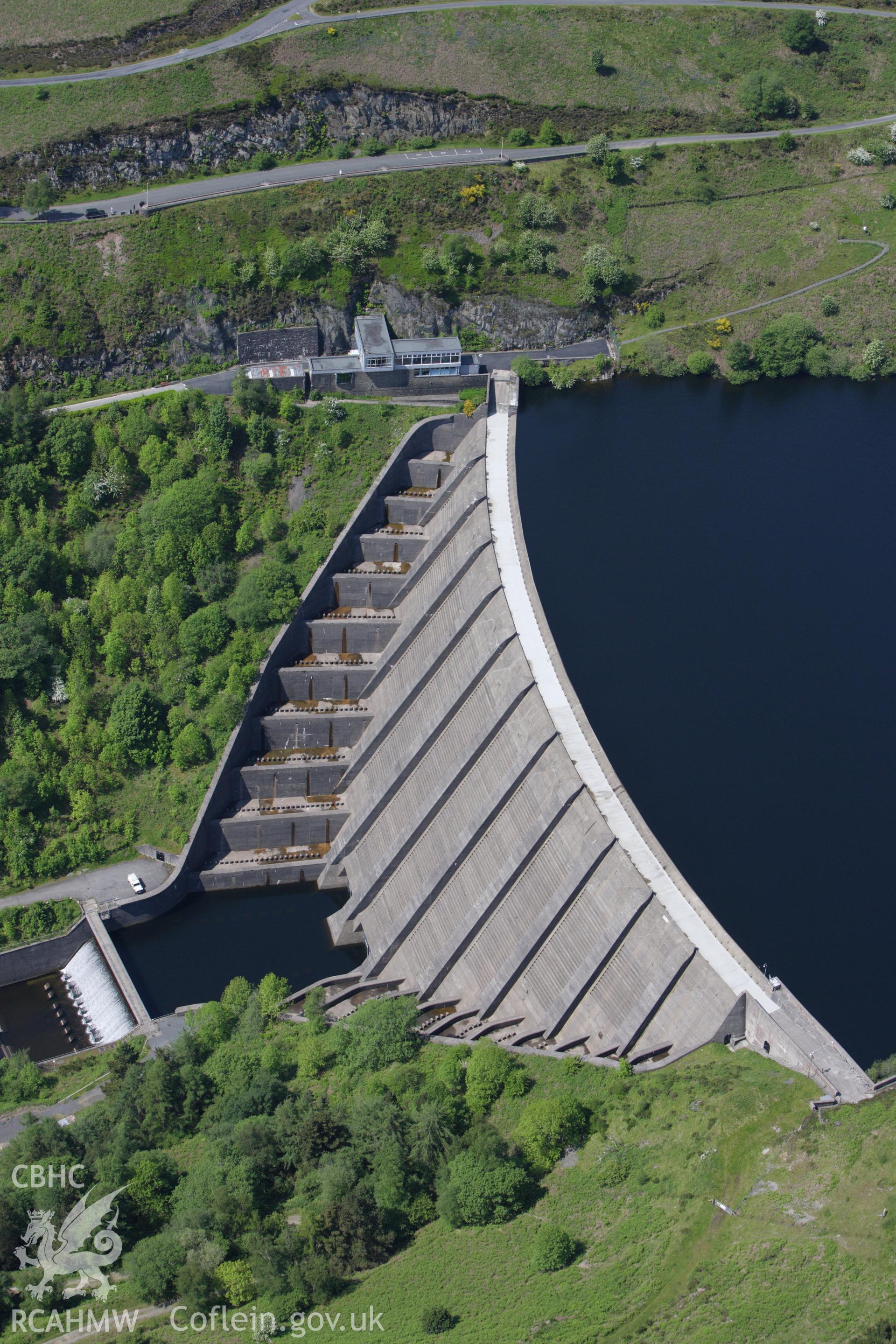 RCAHMW colour oblique aerial photograph of Bwlch-y-Gle Dam, Llyn Clywedog, Llanidloes. Taken on 02 June 2009 by Toby Driver