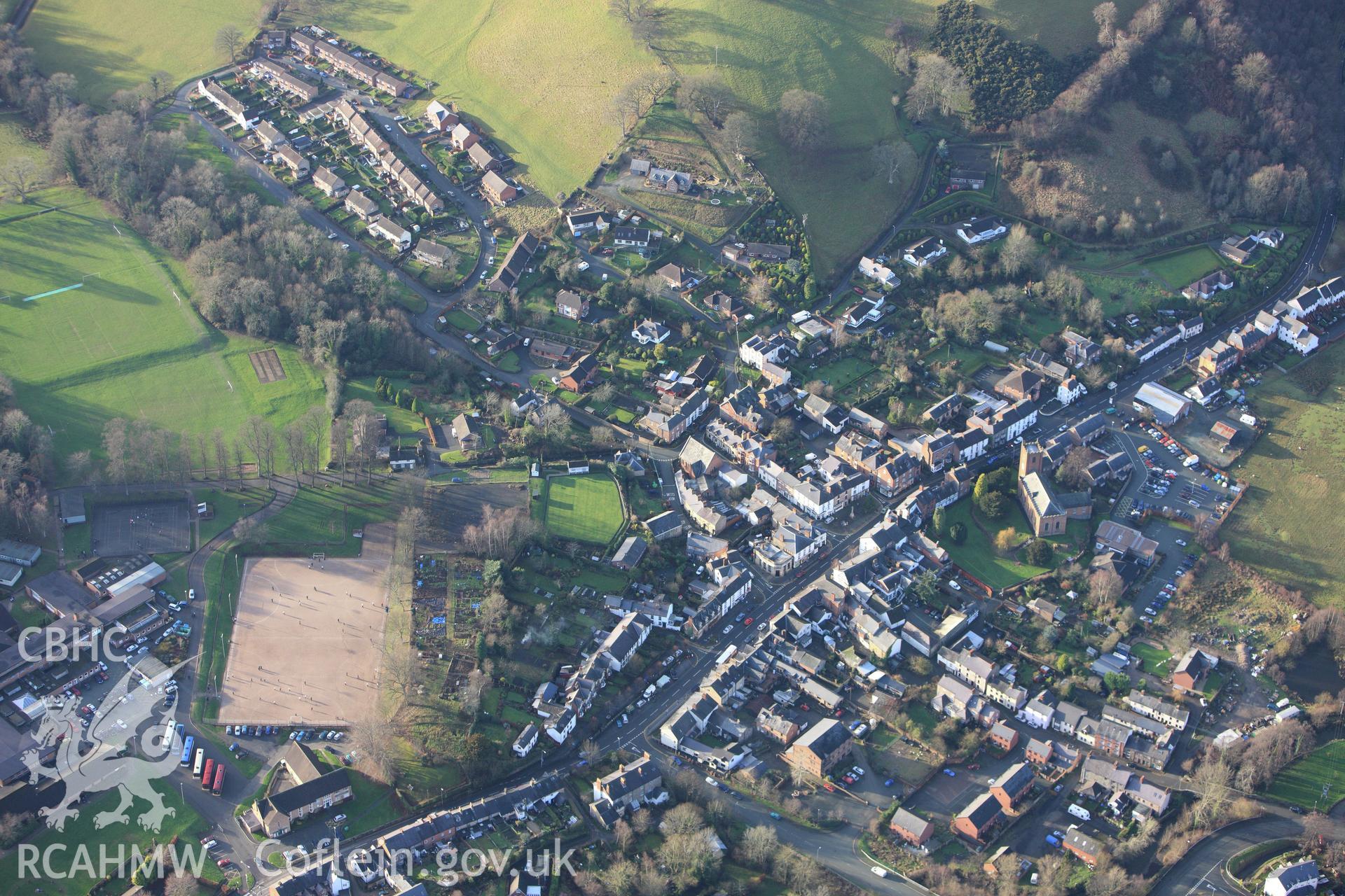 RCAHMW colour oblique aerial photograph of Llanfyllin village. Taken on 10 December 2009 by Toby Driver