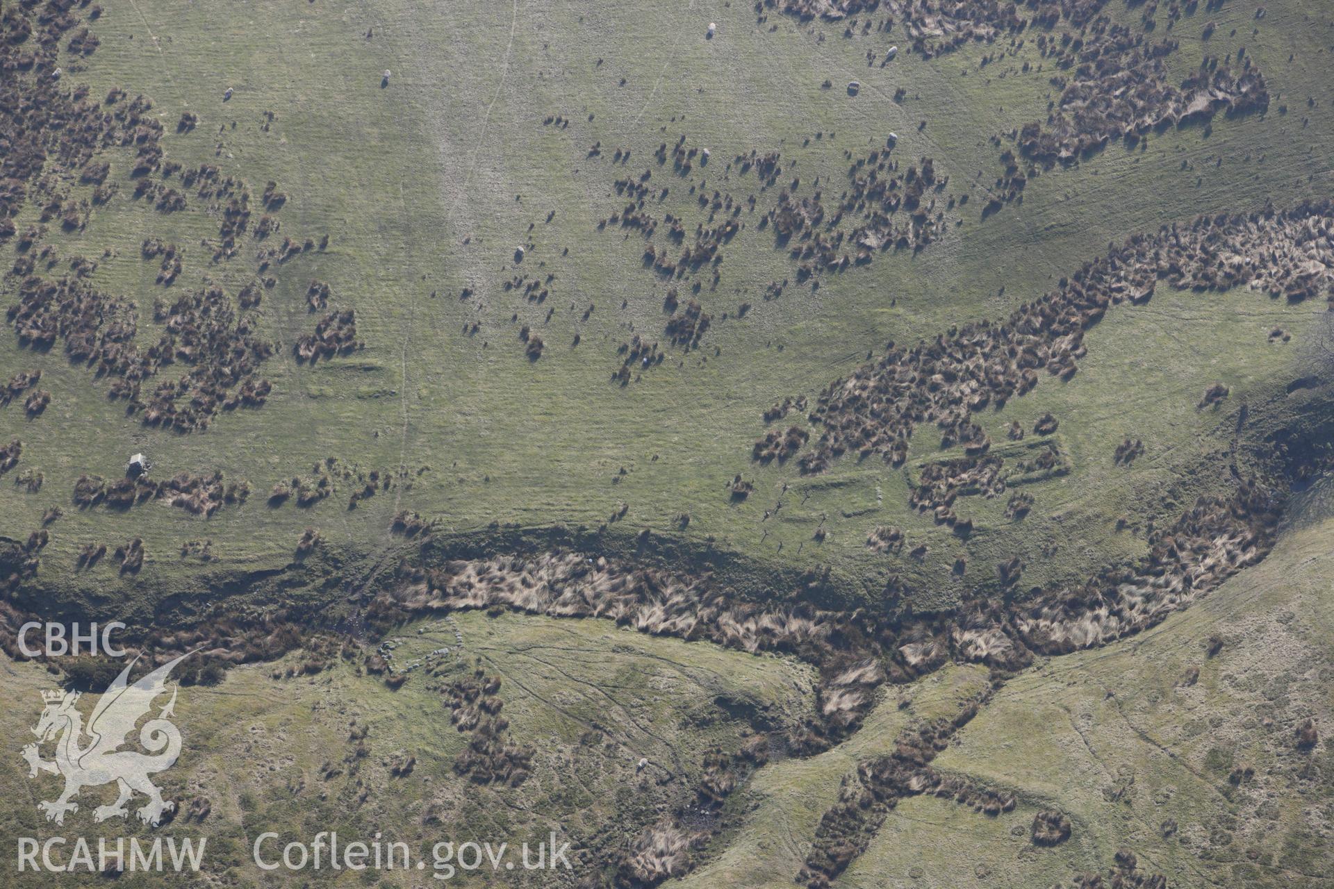 RCAHMW colour oblique photograph of Hafod Nant y Griafolen, long huts. Taken by Toby Driver on 18/03/2009.
