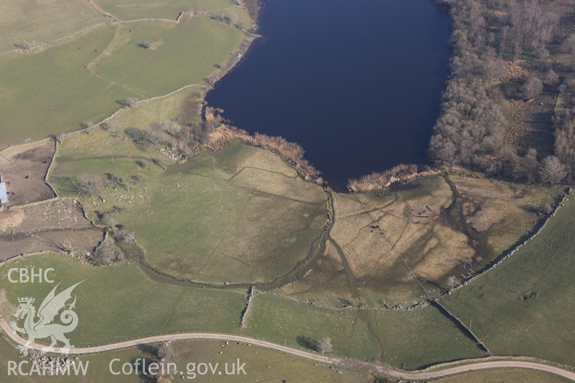 RCAHMW colour oblique photograph of Cwrt-y-Llyn, field drainage earthworks at north-west end of lake. Taken by Toby Driver on 18/03/2009.