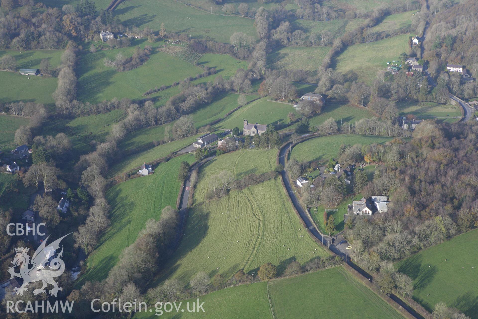 RCAHMW colour oblique aerial photograph of St Davids Church, Capel Dewi, with a circular churchyard. Taken on 09 November 2009 by Toby Driver