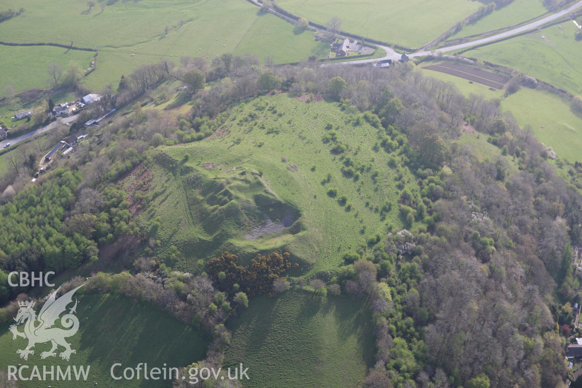 RCAHMW colour oblique aerial photograph of Cnwclas Castle. Taken on 21 April 2009 by Toby Driver