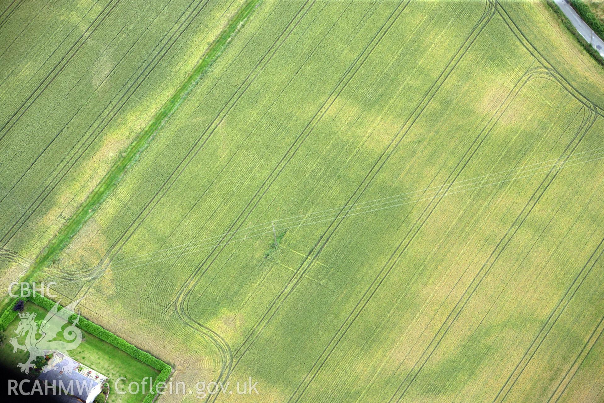 RCAHMW colour oblique aerial photograph of rectangular building cropmarks at Lane Farm. Taken on 08 July 2009 by Toby Driver