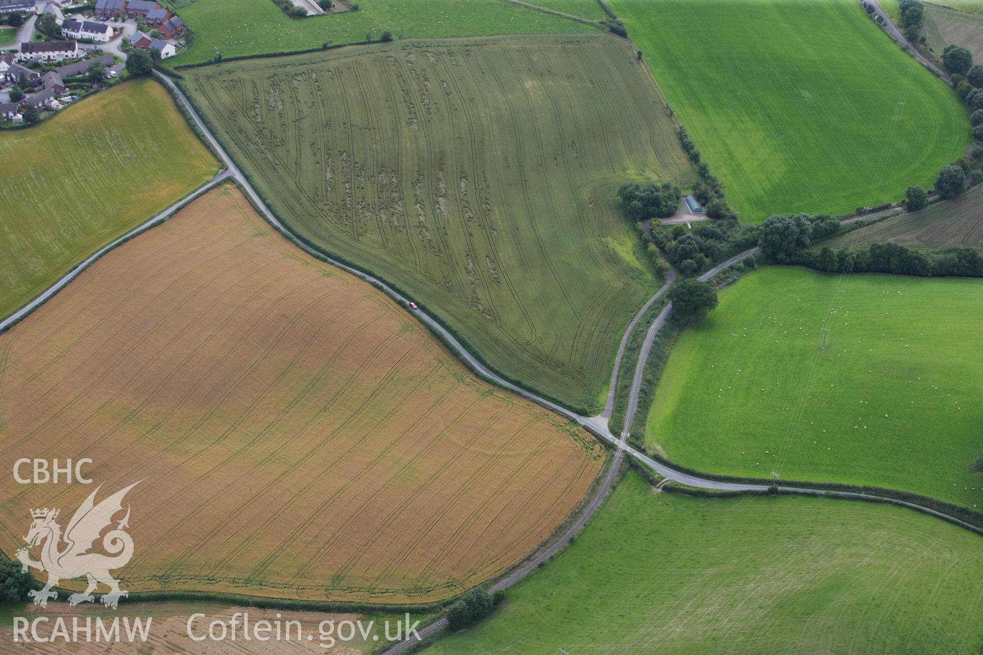 RCAHMW colour oblique aerial photograph of a cropmark enclosure at Cwm, northeast  of Castle Caereinion. Taken on 06 August 2009 by Toby Driver