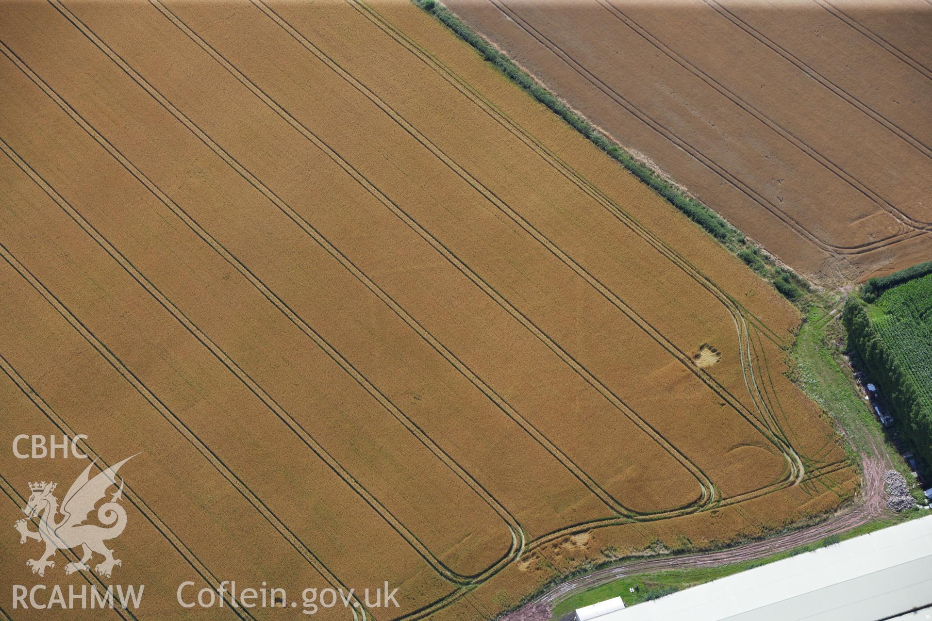 RCAHMW colour oblique aerial photograph of Llancayo Farm Defended Enclosure. Taken on 23 July 2009 by Toby Driver