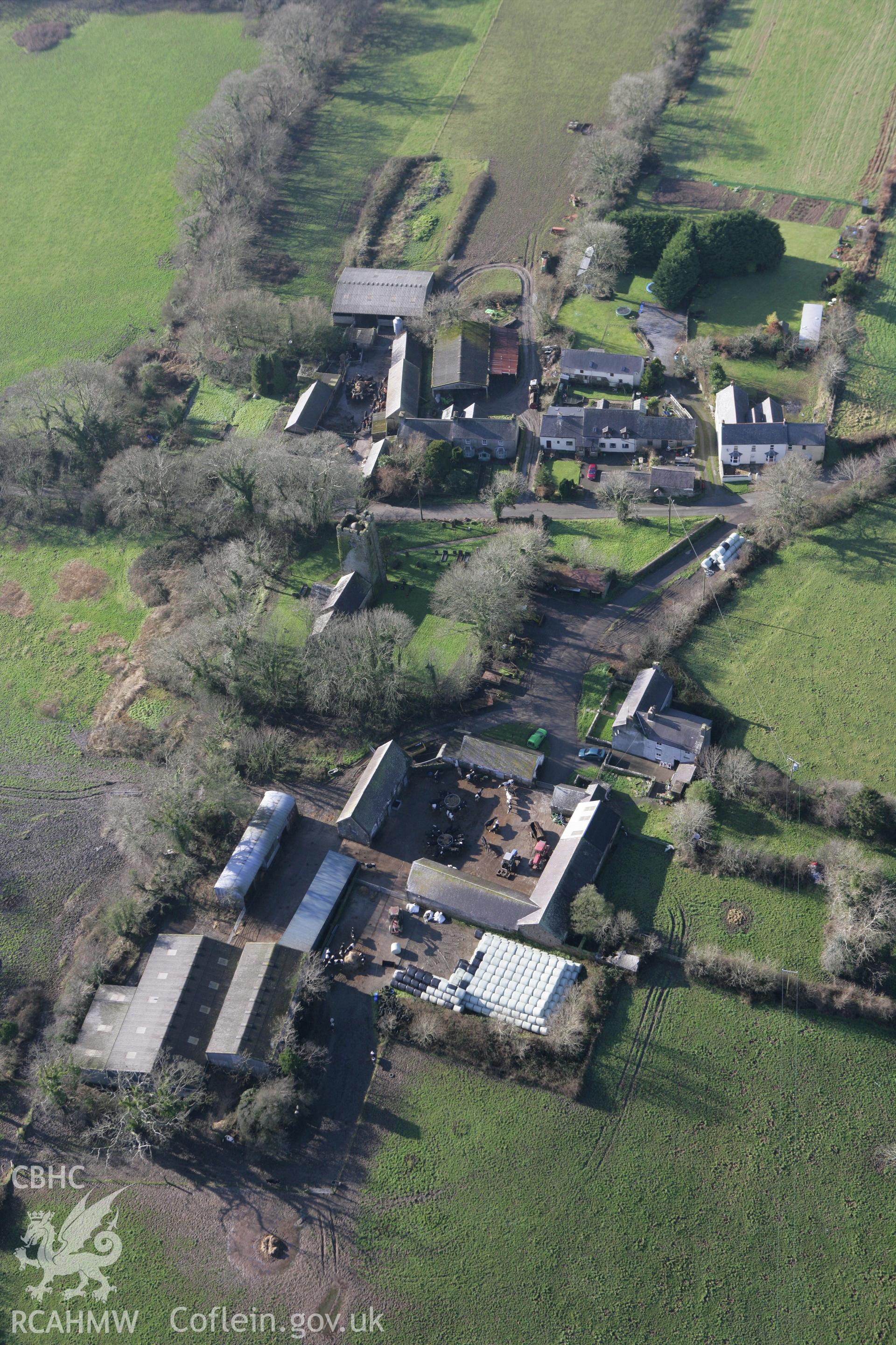RCAHMW colour oblique aerial photograph of St Leonard's Church, Loveston. Taken on 28 January 2009 by Toby Driver