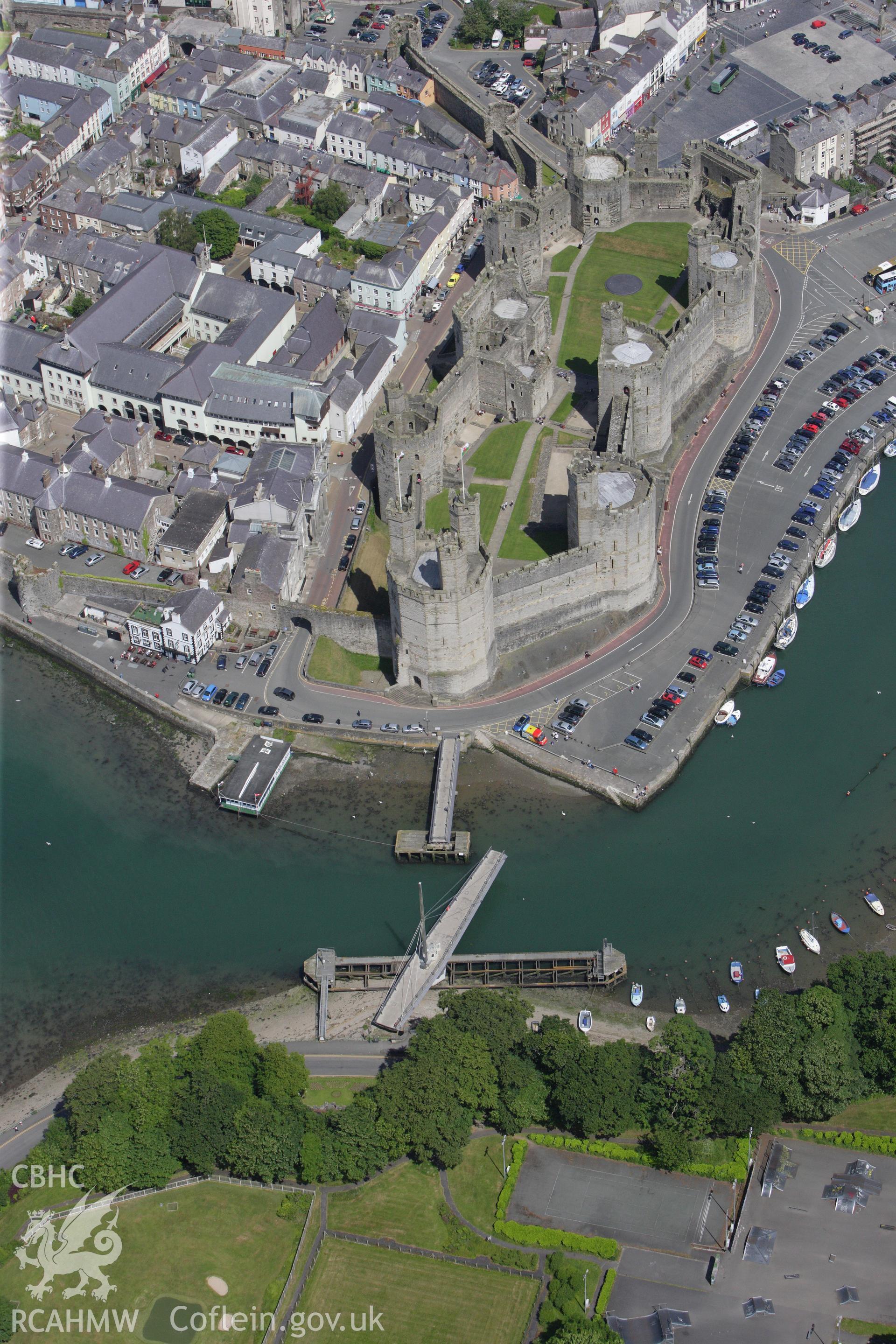 RCAHMW colour oblique aerial photograph of Caernarfon Swing Bridge. Taken on 16 June 2009 by Toby Driver