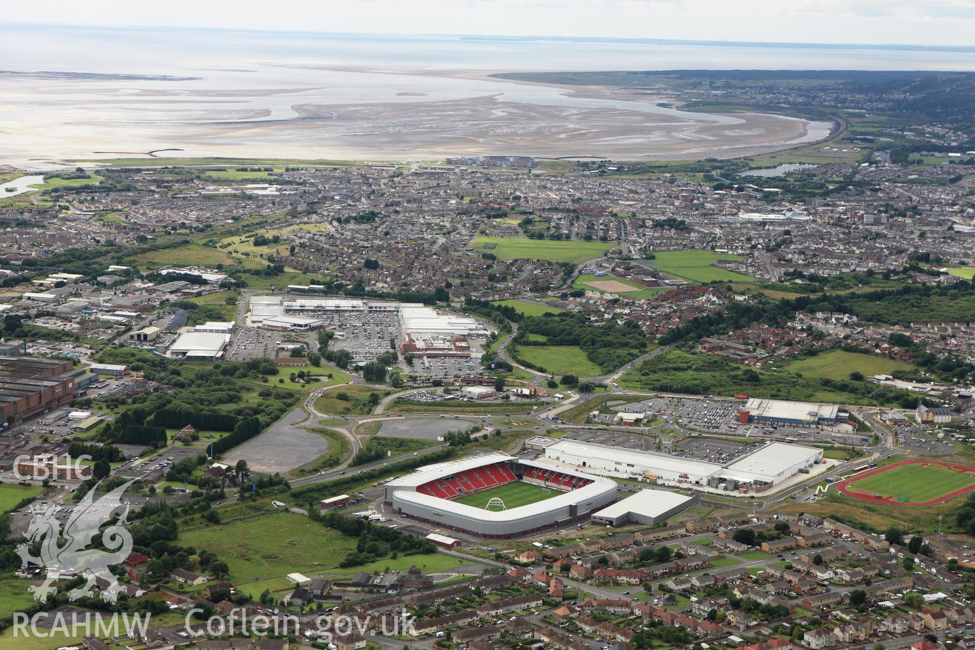 RCAHMW colour oblique aerial photograph of Parc-y-Scarlets Stadium, Llanelli. Taken on 09 July 2009 by Toby Driver