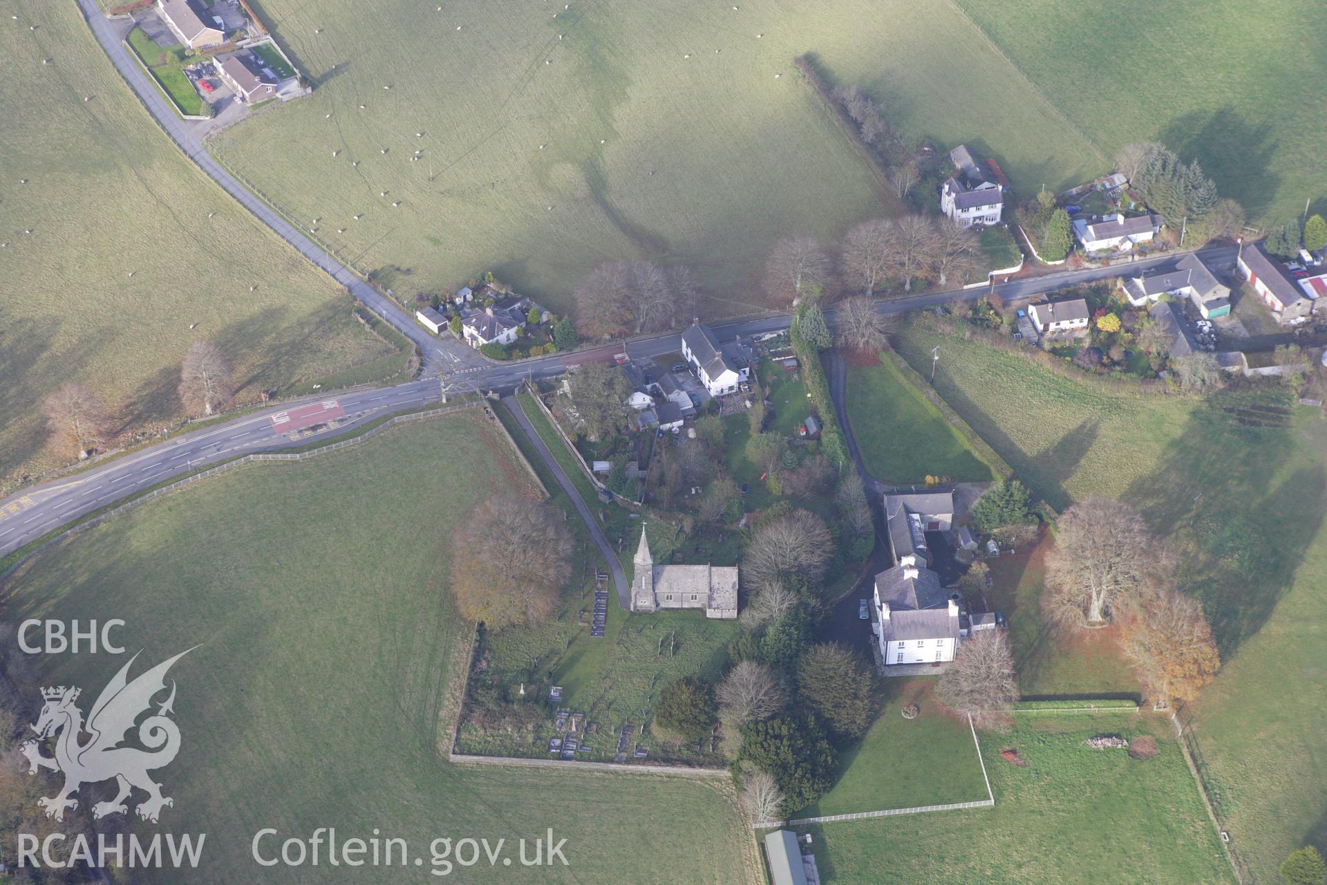 RCAHMW colour oblique aerial photograph of Bettws Bledrws Telephone Box. Taken on 09 November 2009 by Toby Driver