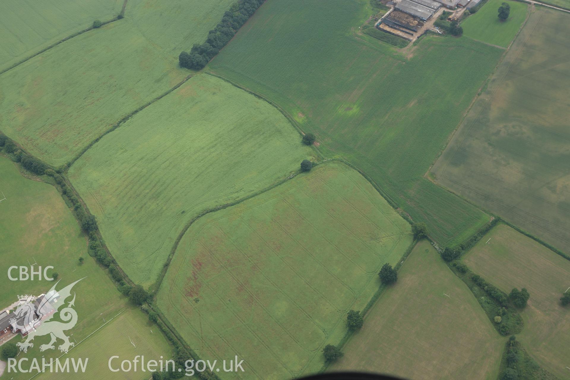 RCAHMW colour oblique aerial photograph of cropmarks northwest of Llwyn Knottia. Taken on 29 June 2009 by Toby Driver