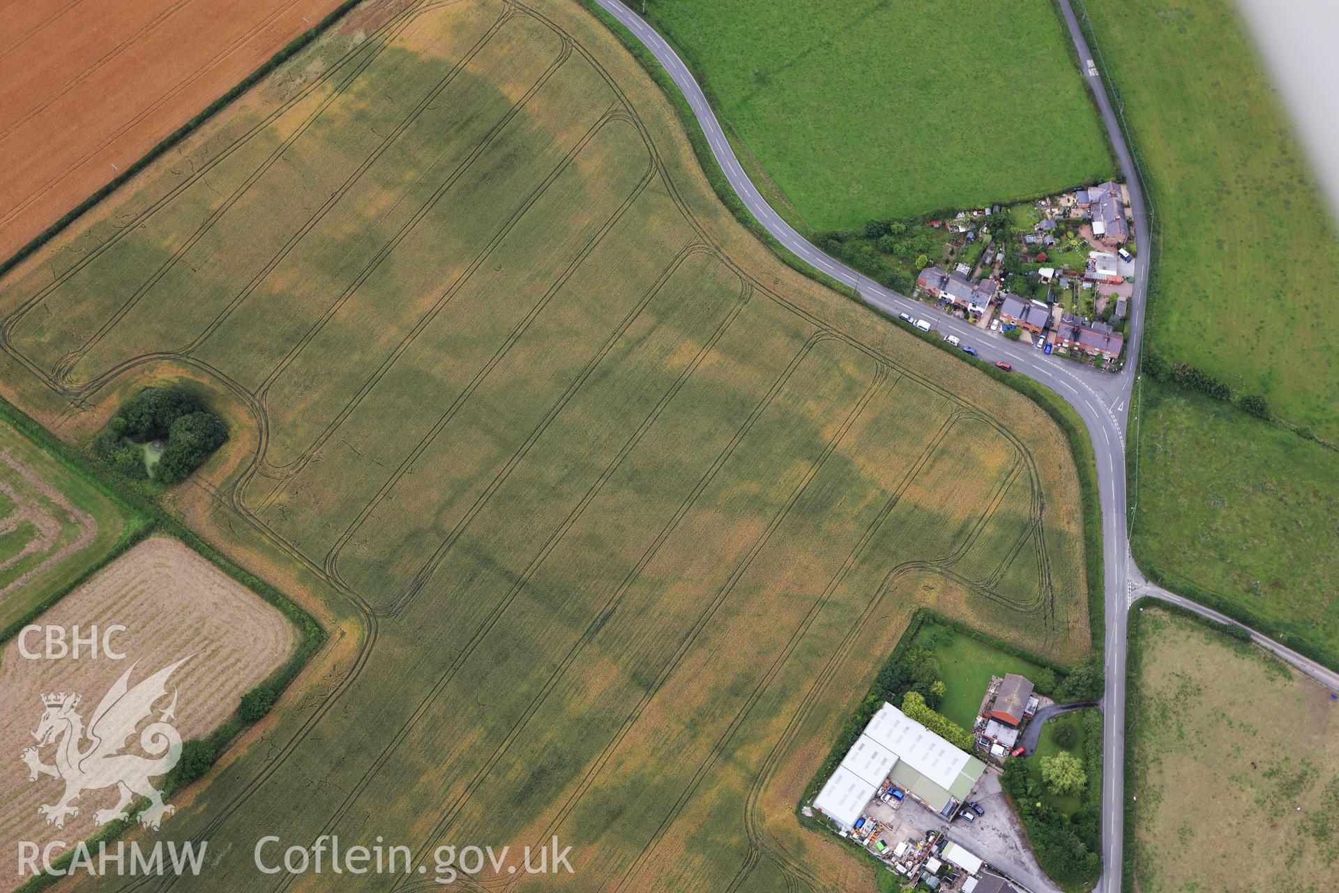 RCAHMW colour oblique aerial photograph of Hall Croft Enclosures and Field System. Taken on 08 July 2009 by Toby Driver