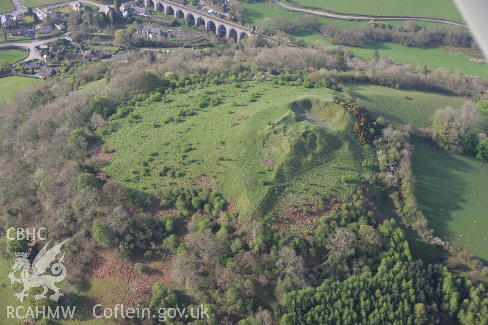 RCAHMW colour oblique aerial photograph of Cnwclas Castle. Taken on 21 April 2009 by Toby Driver