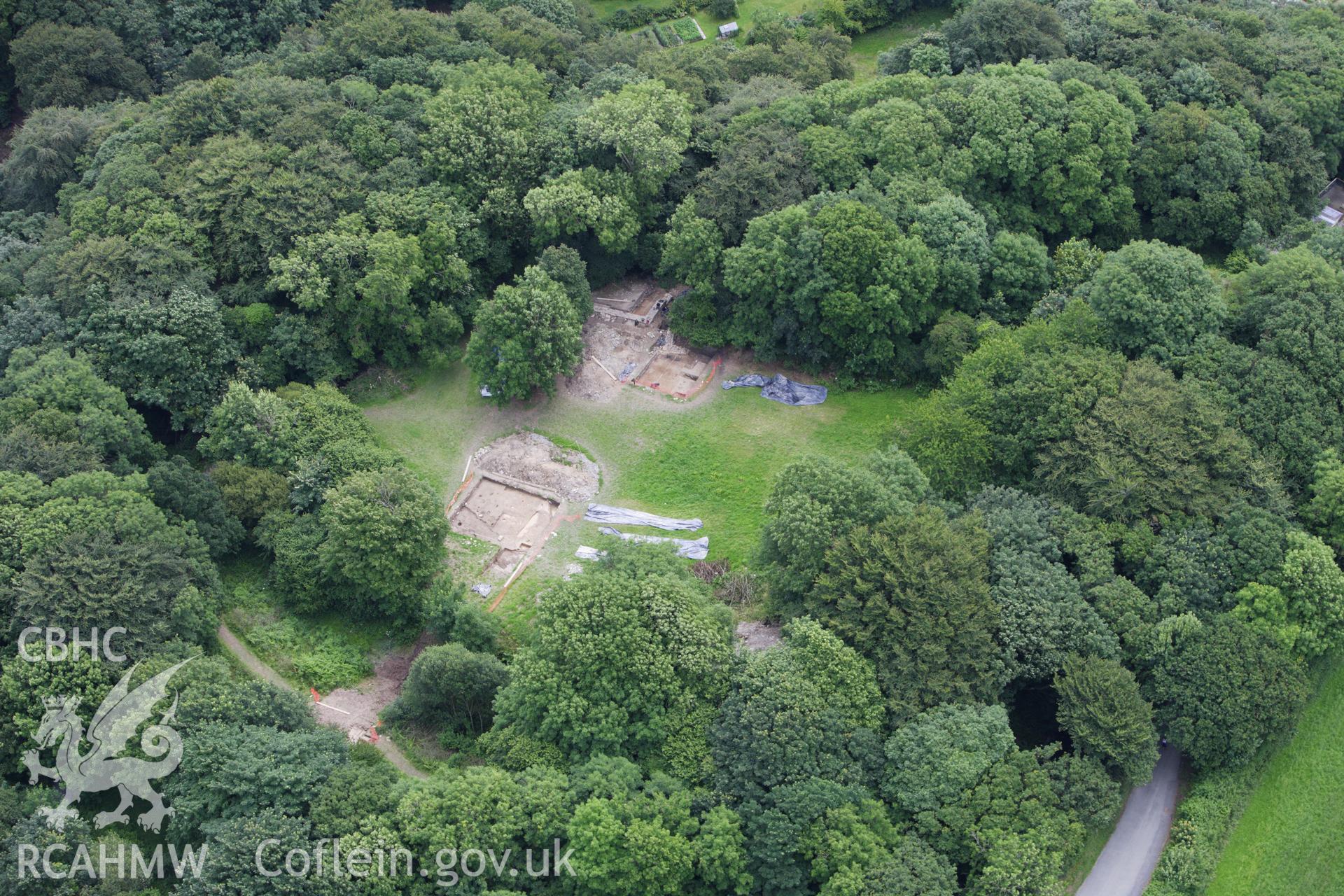 RCAHMW colour oblique aerial photograph of Castell Nanhyfer (Nevern Castle) showing excavations by Durham University. Taken on 09 July 2009 by Toby Driver