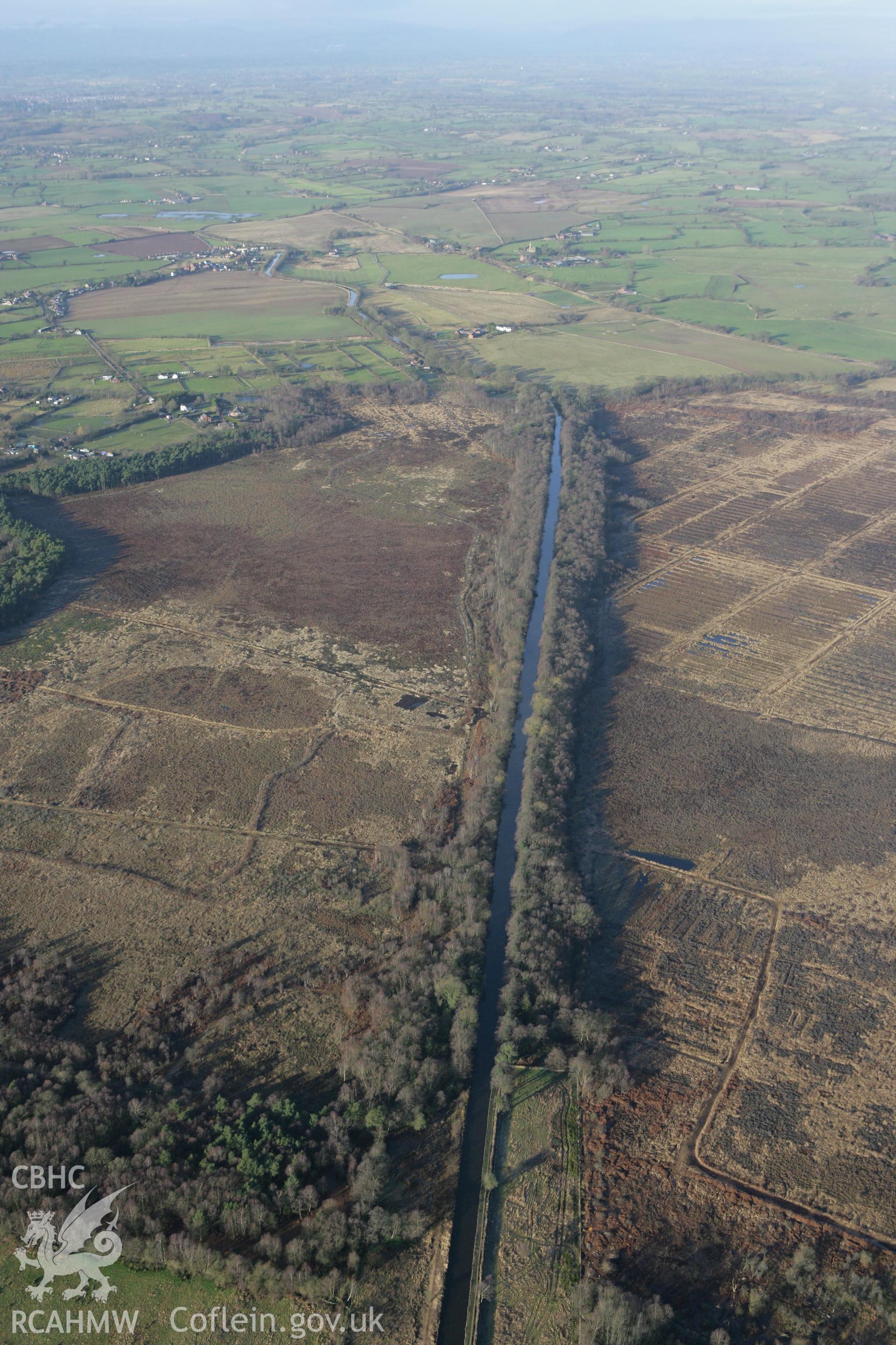 RCAHMW colour oblique photograph of Fenn's Moss, showing the Llangollen canal, looking west. Taken by Toby Driver on 21/01/2009.