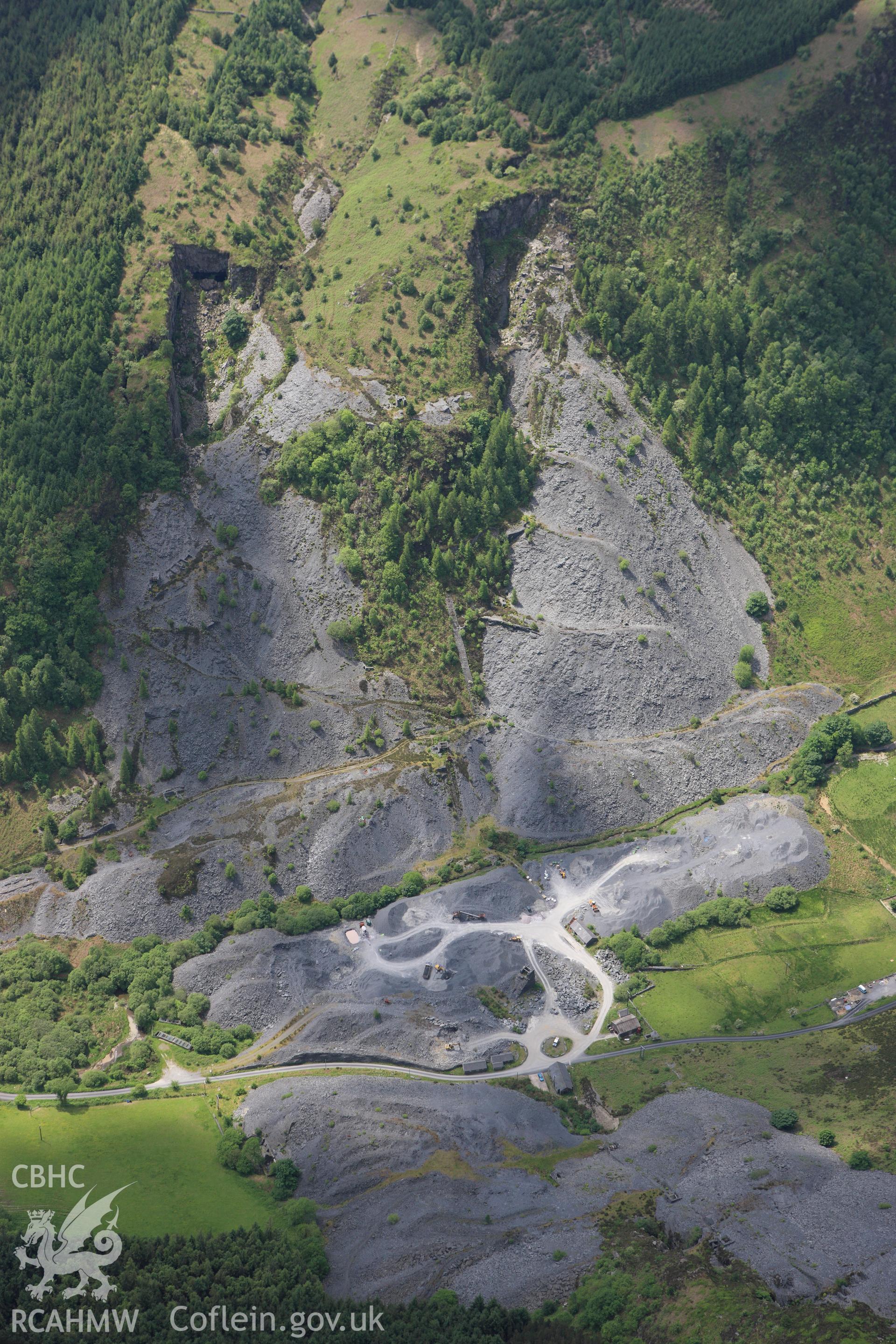 RCAHMW colour oblique aerial photograph of the water balance incline at Aberllefenni Slate Quarry. Taken on 02 June 2009 by Toby Driver