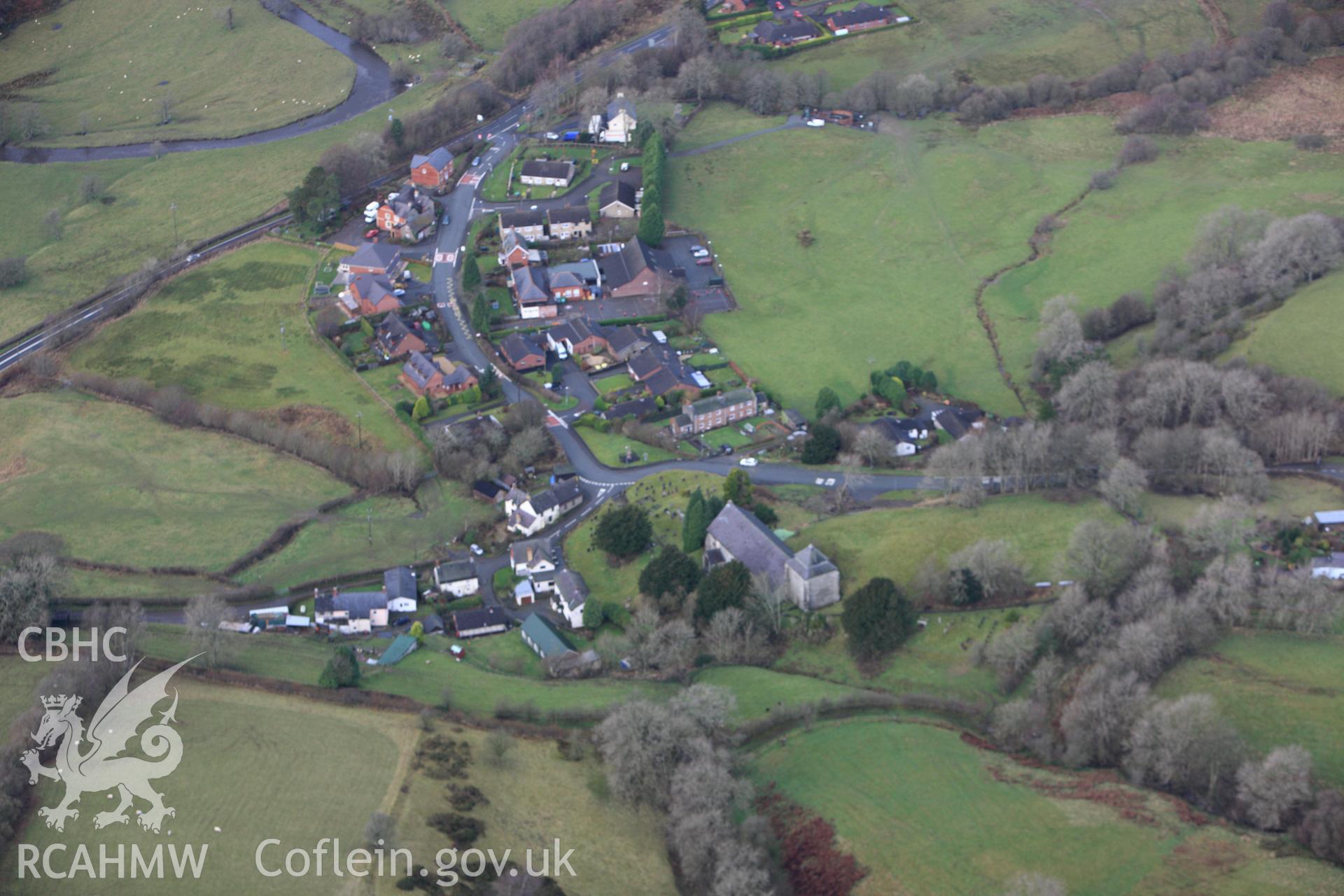 RCAHMW colour oblique aerial photograph of Llanbister. Taken on 10 December 2009 by Toby Driver