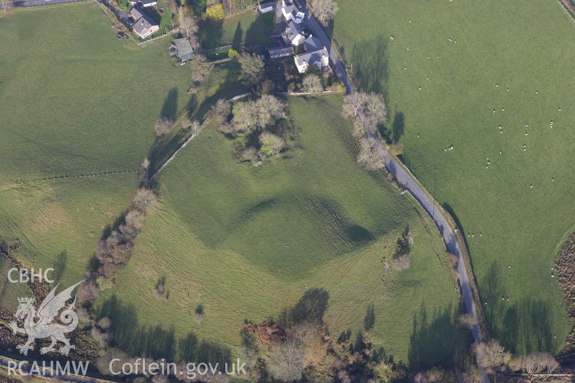 RCAHMW colour oblique aerial photograph of Ystrad Meurig Castle. Taken on 09 November 2009 by Toby Driver