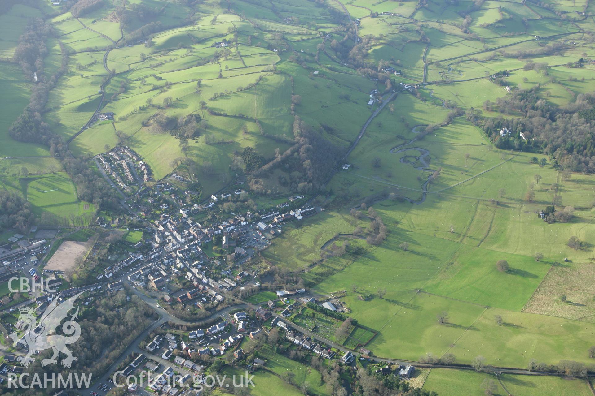 RCAHMW colour oblique aerial photograph of Llanfyllin vilage. Taken on 10 December 2009 by Toby Driver