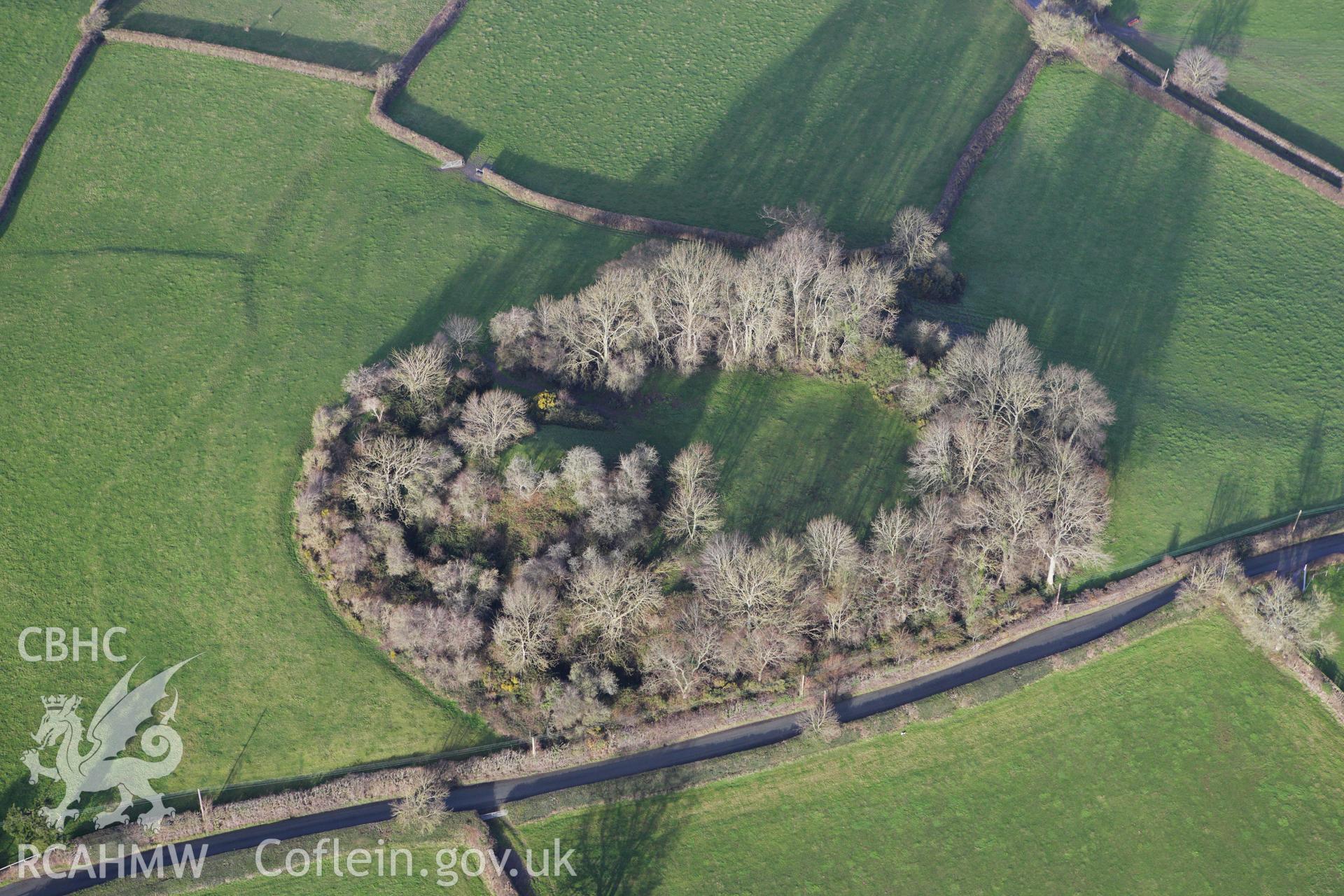 RCAHMW colour oblique aerial photograph of motte and bailey at Hen Domen, Montgomery. Taken on 10 December 2009 by Toby Driver