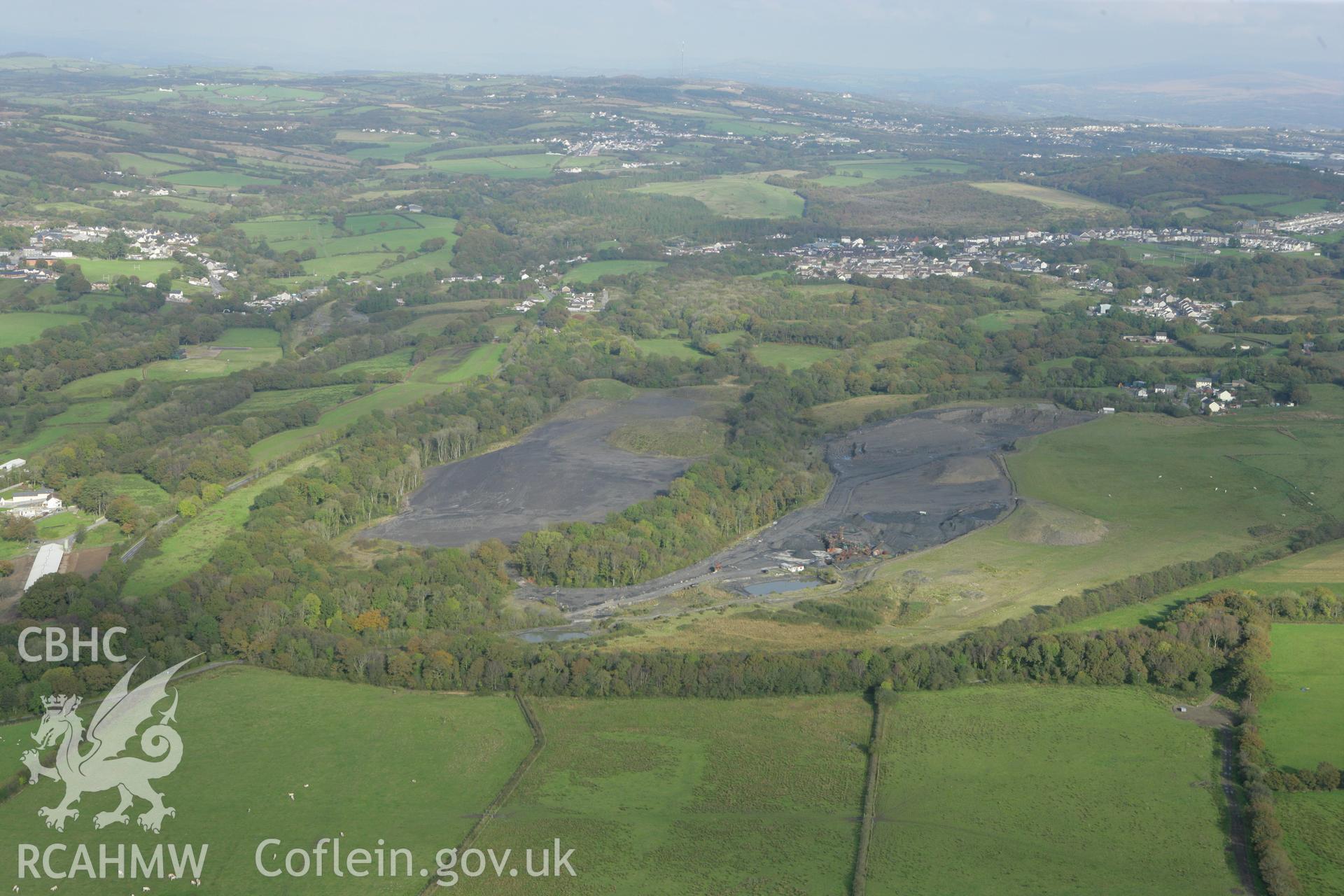 RCAHMW colour oblique aerial photograph of old coal levels at Maes Mawr, Pontyberem. Taken on 14 October 2009 by Toby Driver