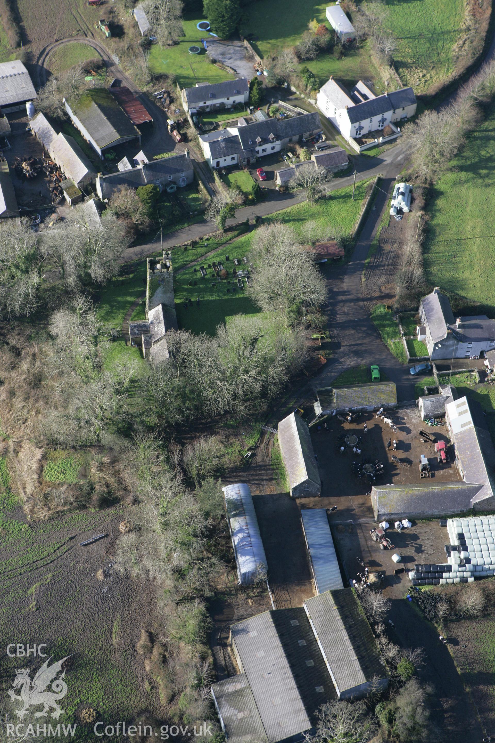 RCAHMW colour oblique aerial photograph of St Leonard's Church, Loveston. Taken on 28 January 2009 by Toby Driver