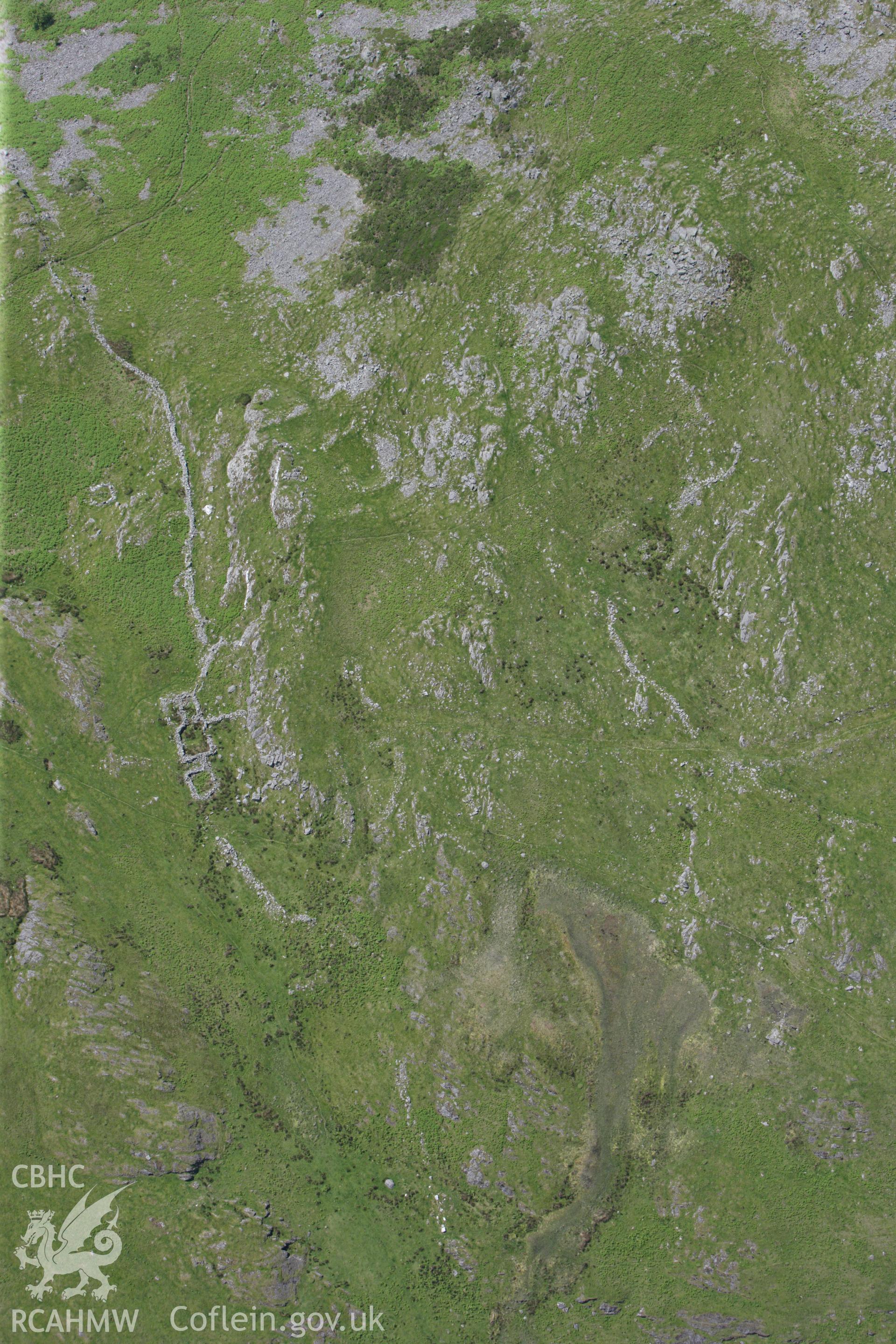RCAHMW colour oblique aerial photograph of Craig Tyn y Cornel Medieval Settlement showing medieval longhuts to the south. Taken on 02 June 2009 by Toby Driver