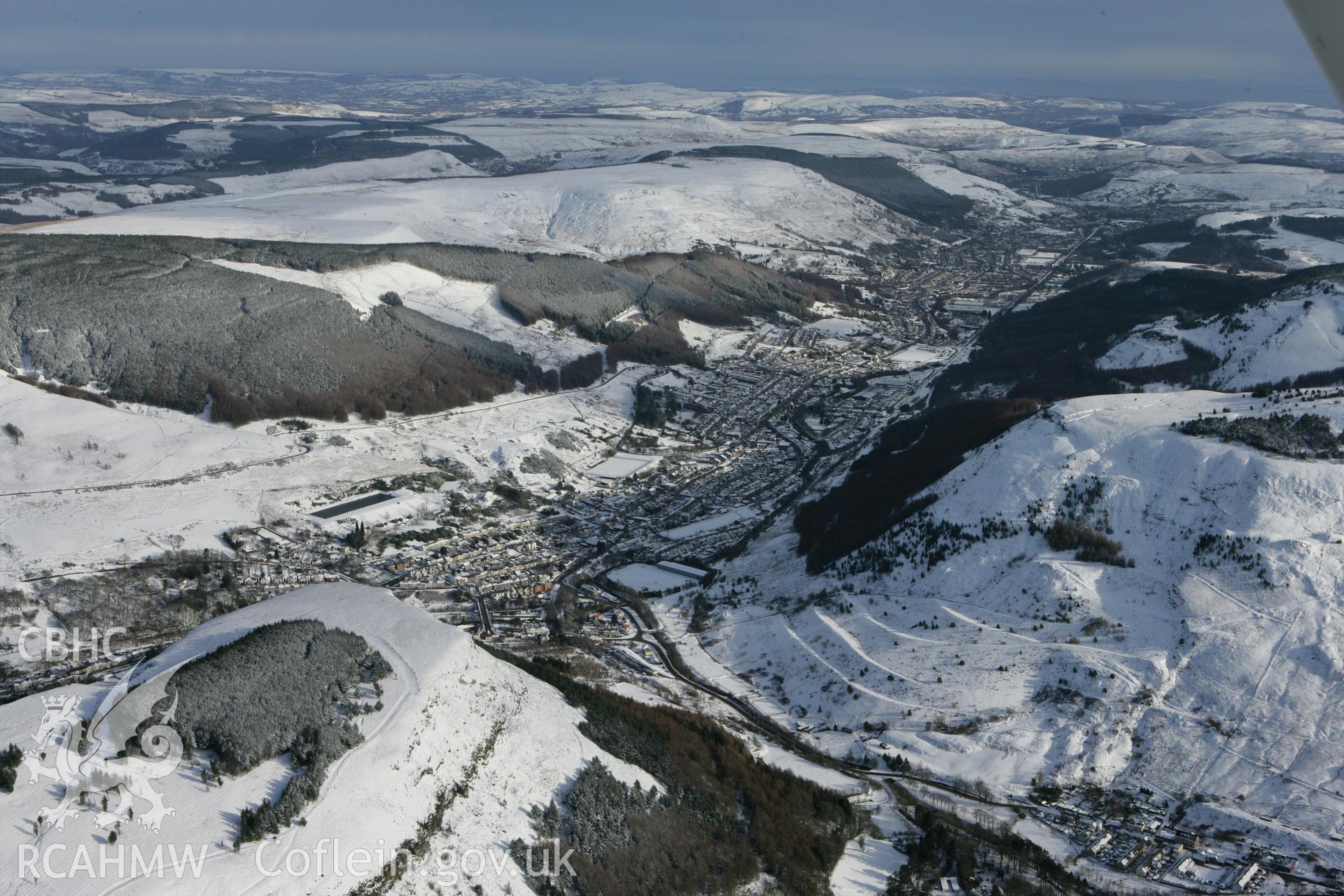 RCAHMW colour oblique photograph of Blaenrhondda village, winter landscape from the north-west. Taken by Toby Driver on 06/02/2009.