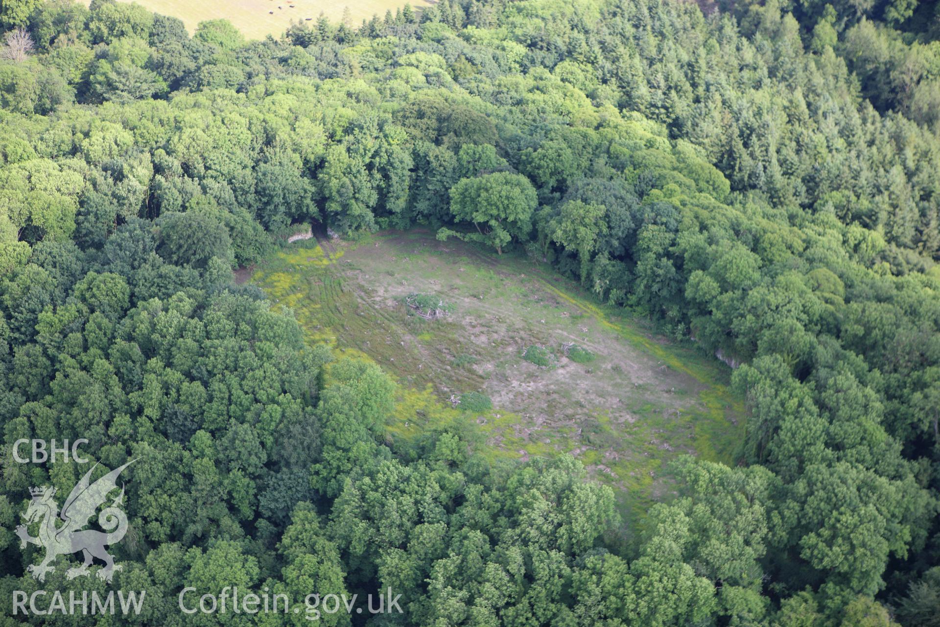 RCAHMW colour oblique aerial photograph of Llangybi Castle. Taken on 11 June 2009 by Toby Driver