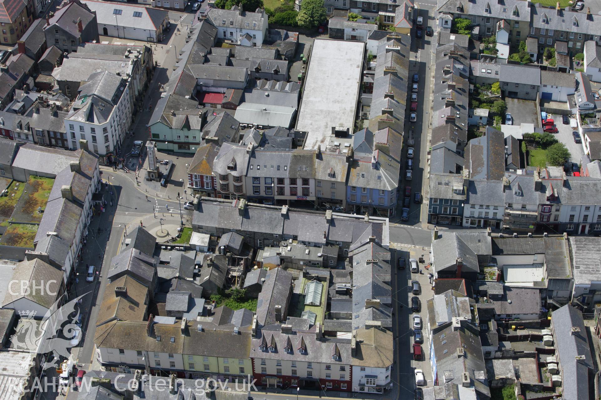 RCAHMW colour oblique aerial photograph of New Town Clock Tower, Aberystwyth. Taken on 02 June 2009 by Toby Driver
