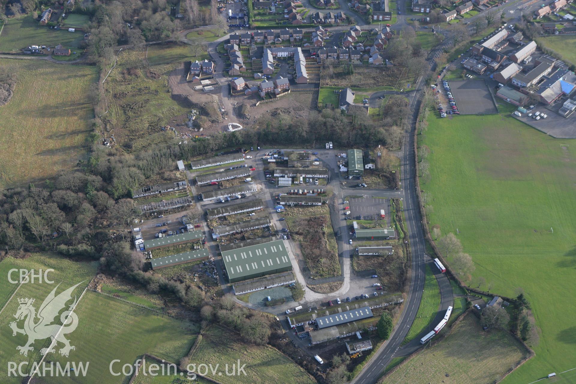 RCAHMW colour oblique photograph of Penley Hall Industrial Park. Taken by Toby Driver on 21/01/2009.