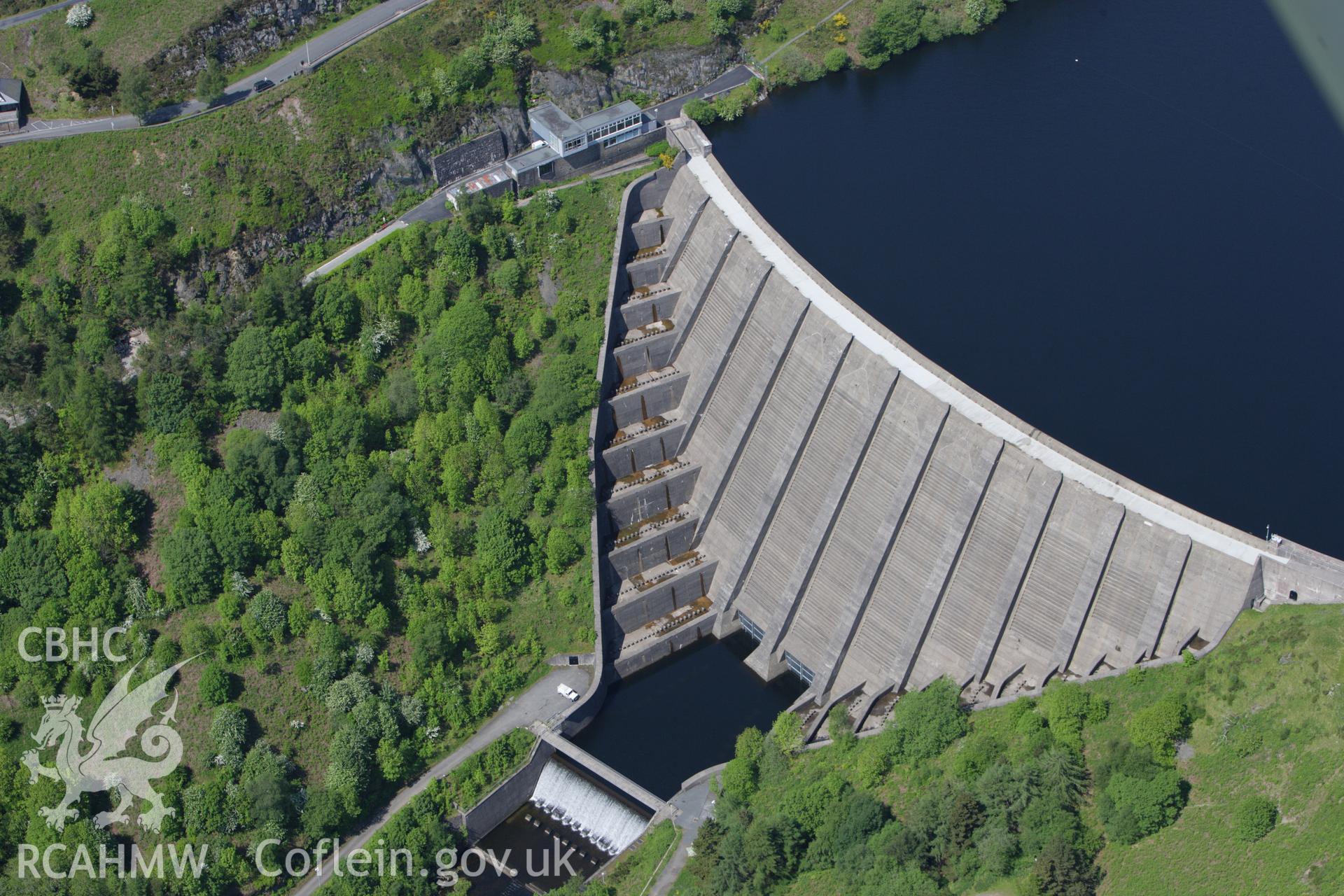 RCAHMW colour oblique aerial photograph of Bwlch-y-Gle Dam, Llyn Clywedog, Llanidloes. Taken on 02 June 2009 by Toby Driver