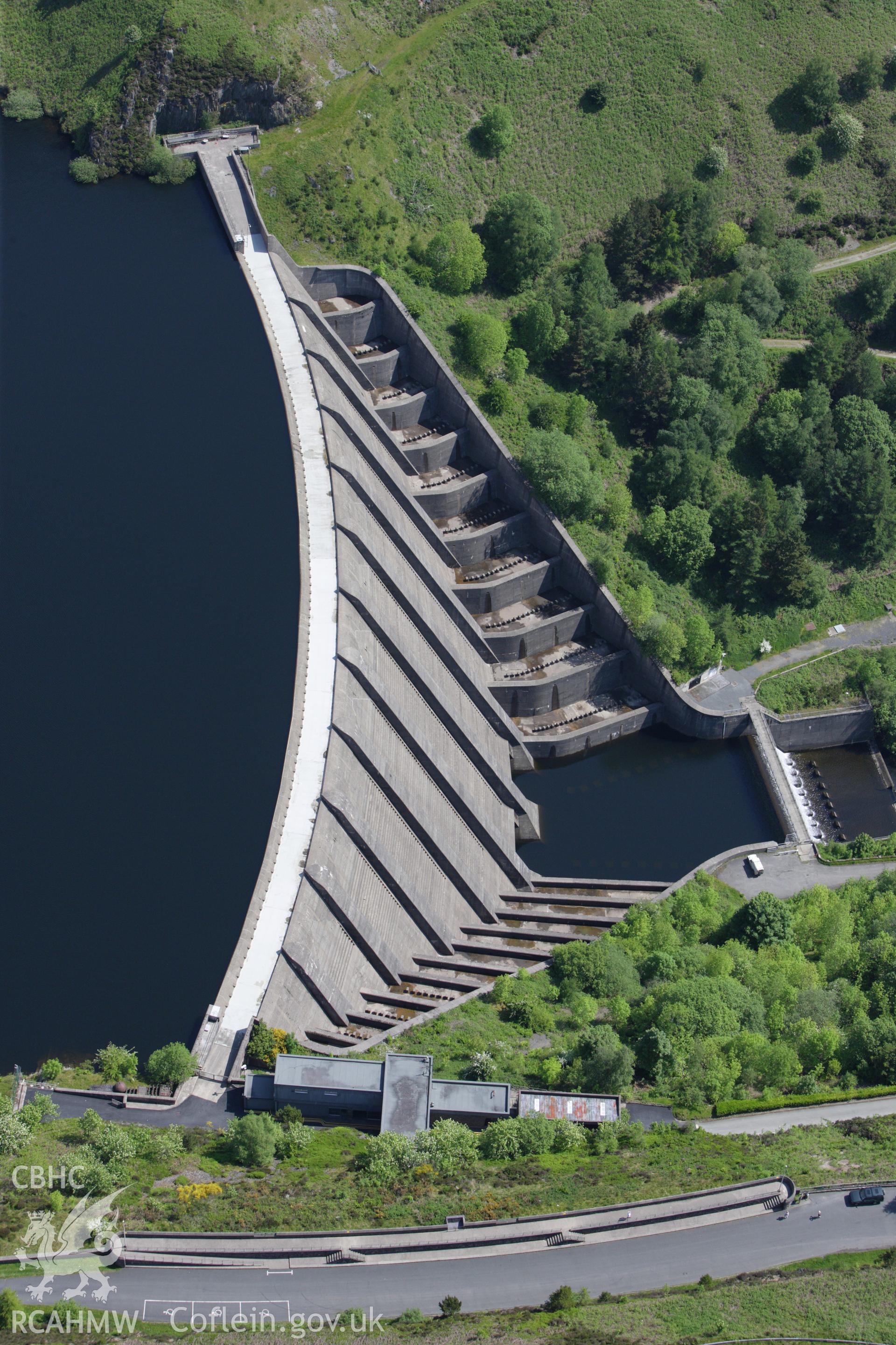 RCAHMW colour oblique aerial photograph of Bwlch-y-Gle Dam, Llyn Clywedog, Llanidloes. Taken on 02 June 2009 by Toby Driver