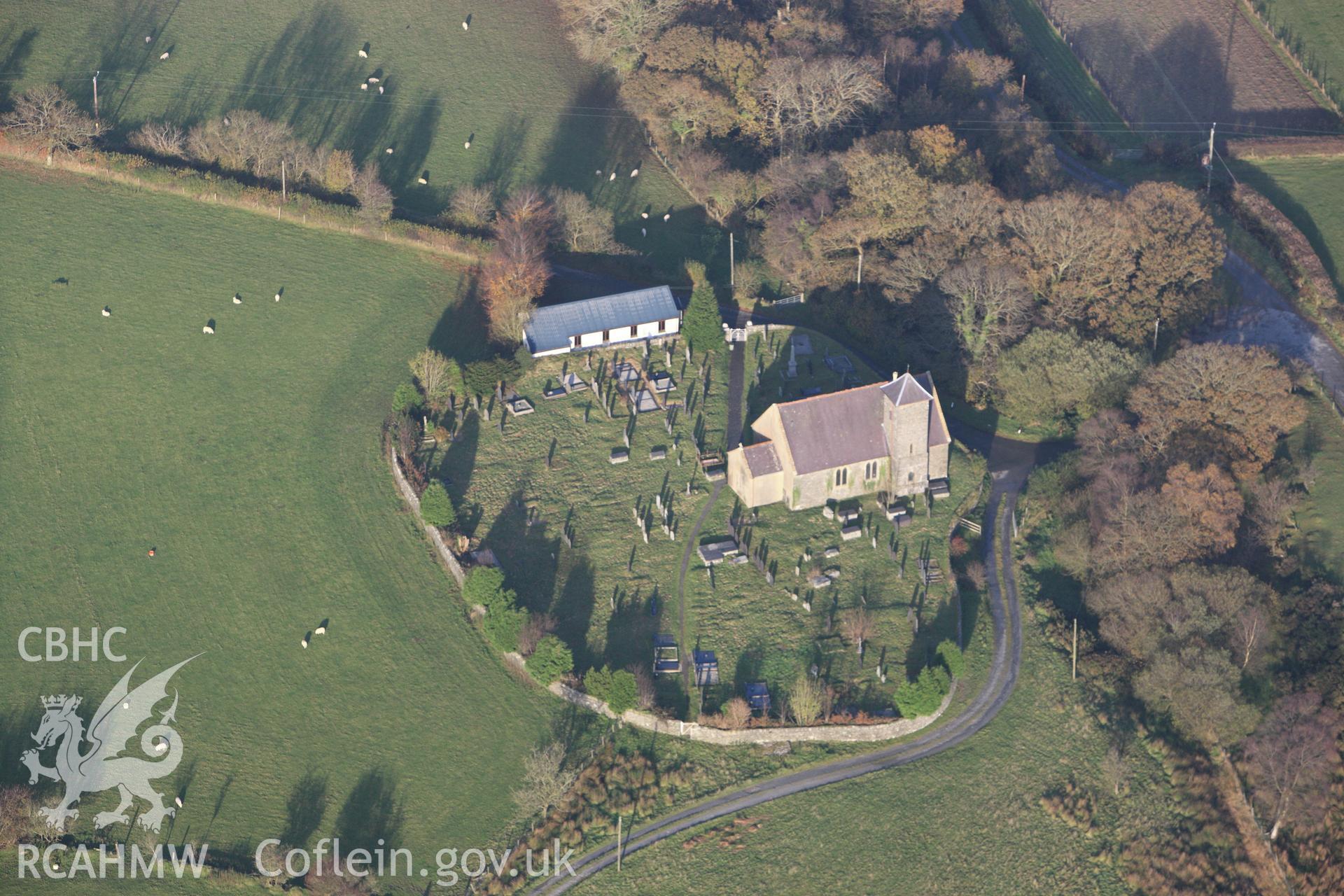 RCAHMW colour oblique aerial photograph of Gwnnws Church, Tynygraig. Taken on 09 November 2009 by Toby Driver