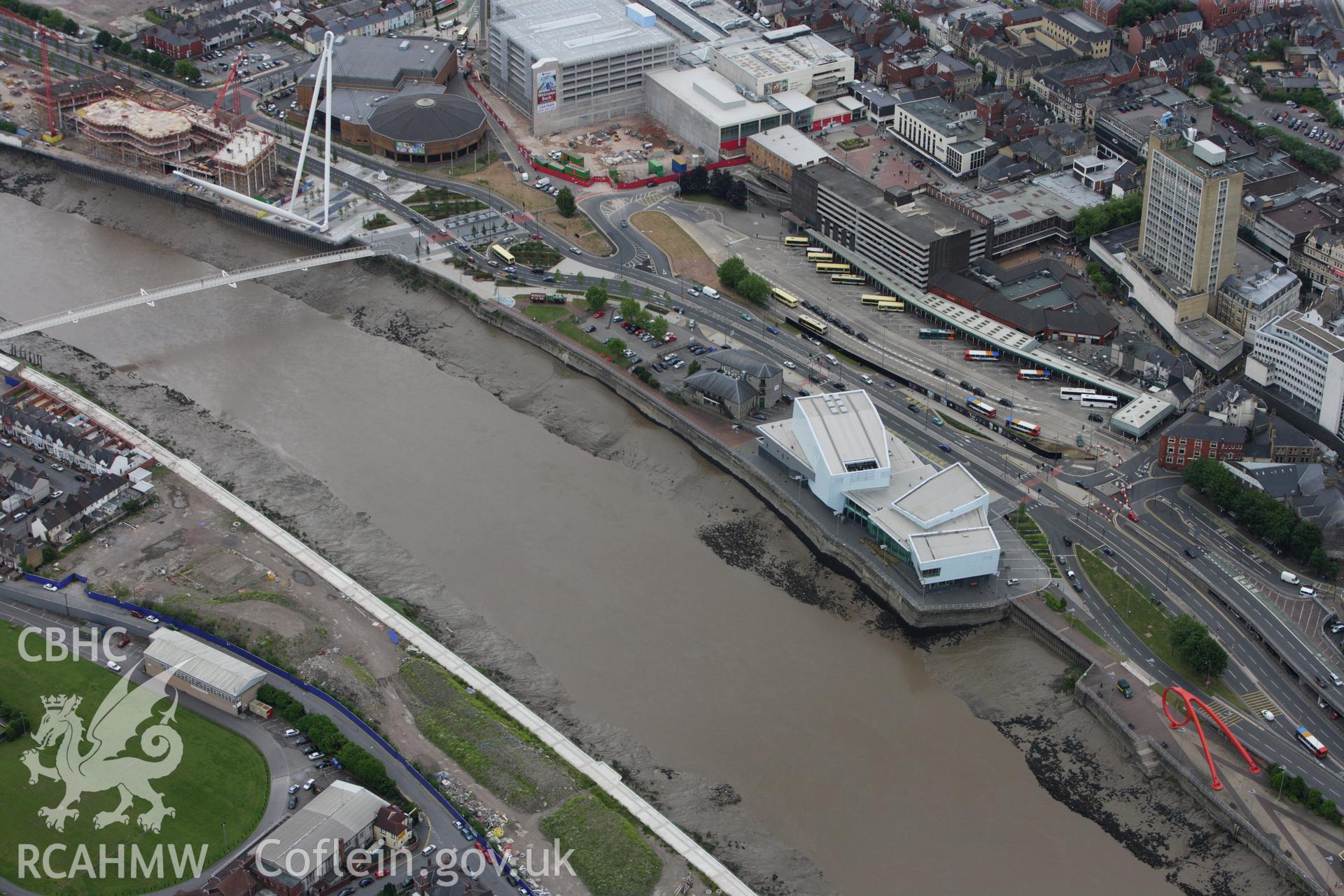 RCAHMW colour oblique aerial photograph of Newport Medieval Ship and the Riverfront Arts Centre. Taken on 09 July 2009 by Toby Driver